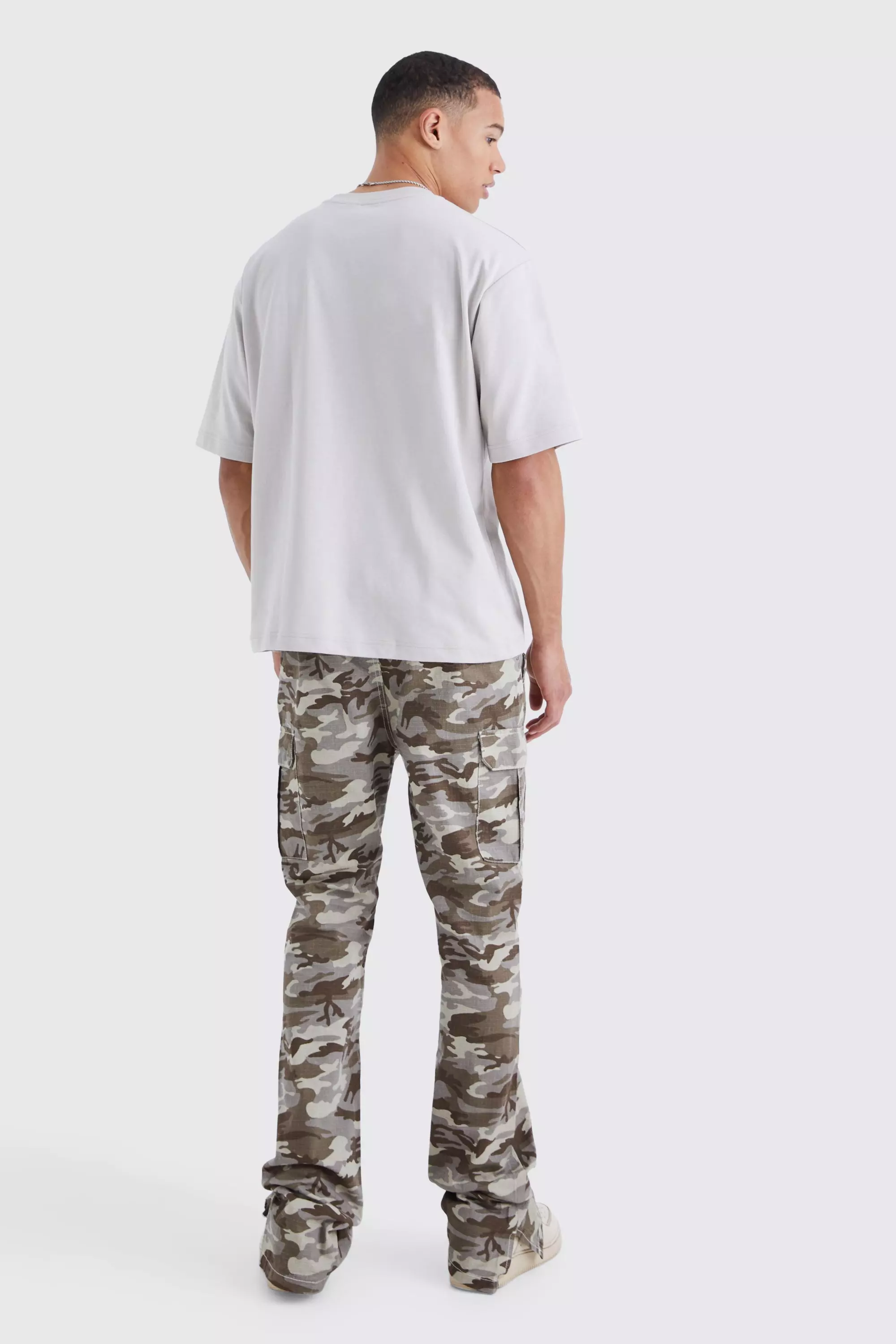 Tall Slim Stacked Ripstop Split Hem Cargo Camo Pants boohooMAN USA