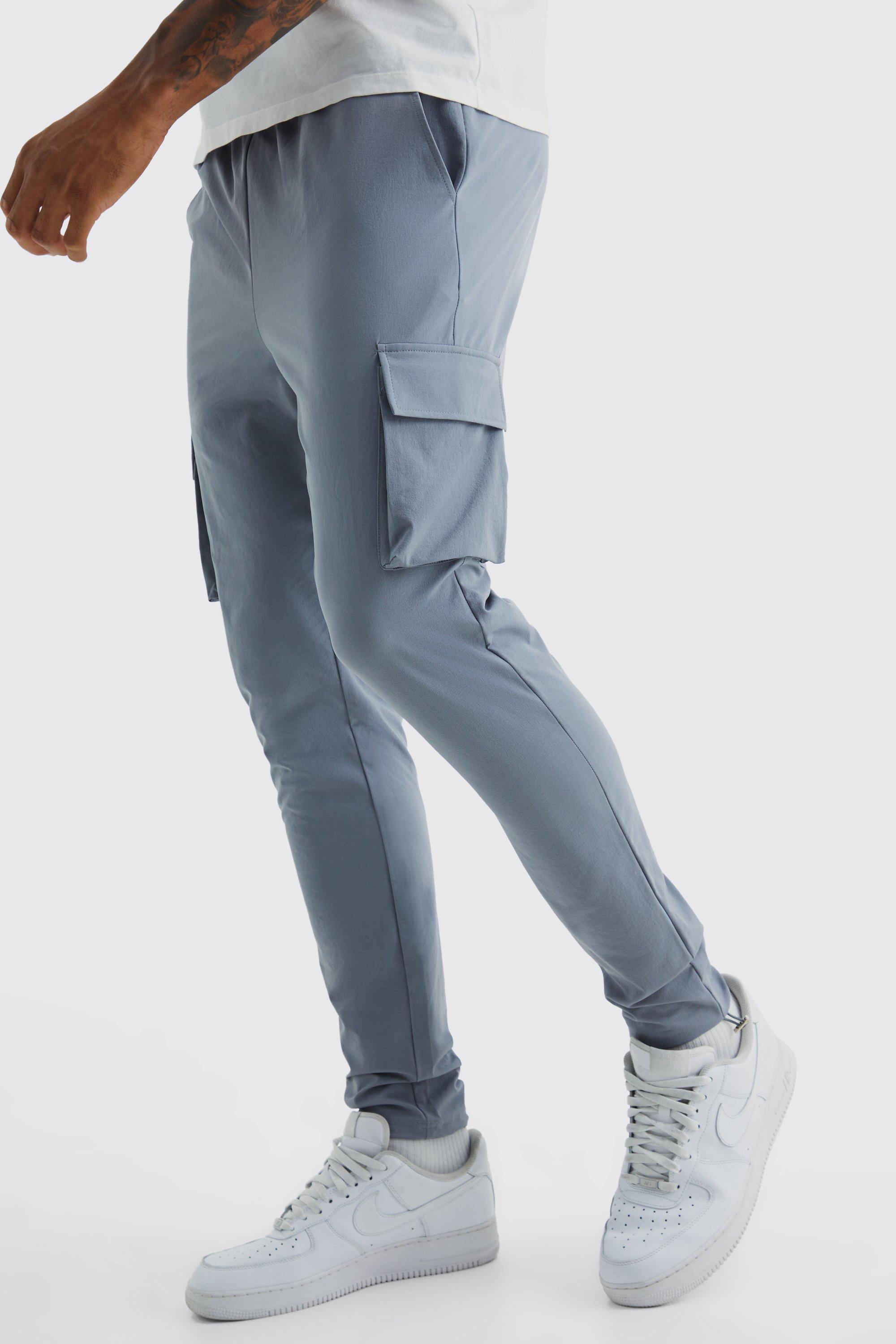 Mens Grey Tall Elastic Lightweight Stretch Skinny Cargo Trouser, Grey