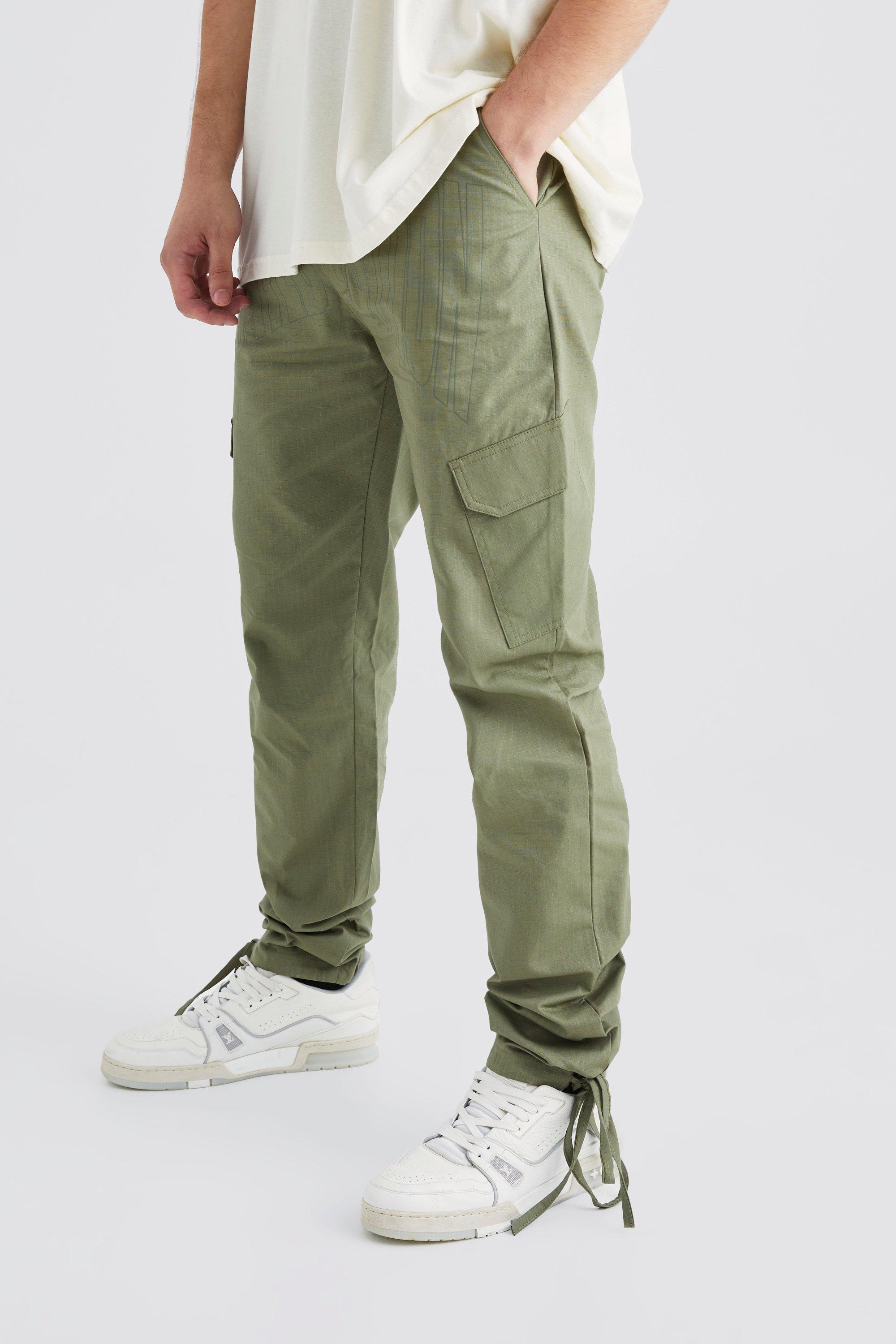 Mens Green Tall Slim Ripstop Cargo Tonal Print Trouser, Green