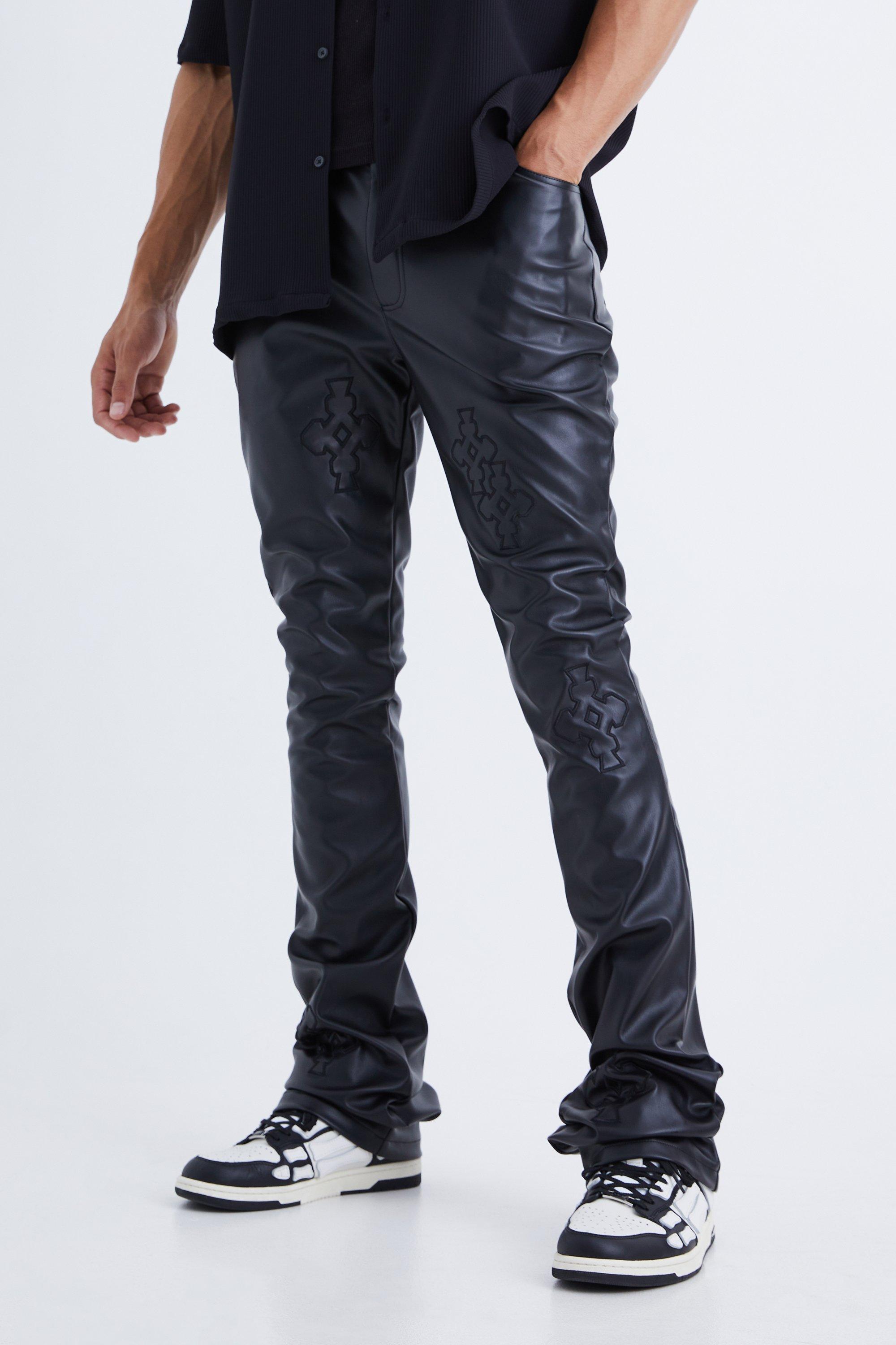 Image of Pantaloni in PU fissi Skinny Fit con applique e pieghe sul fondo, Nero