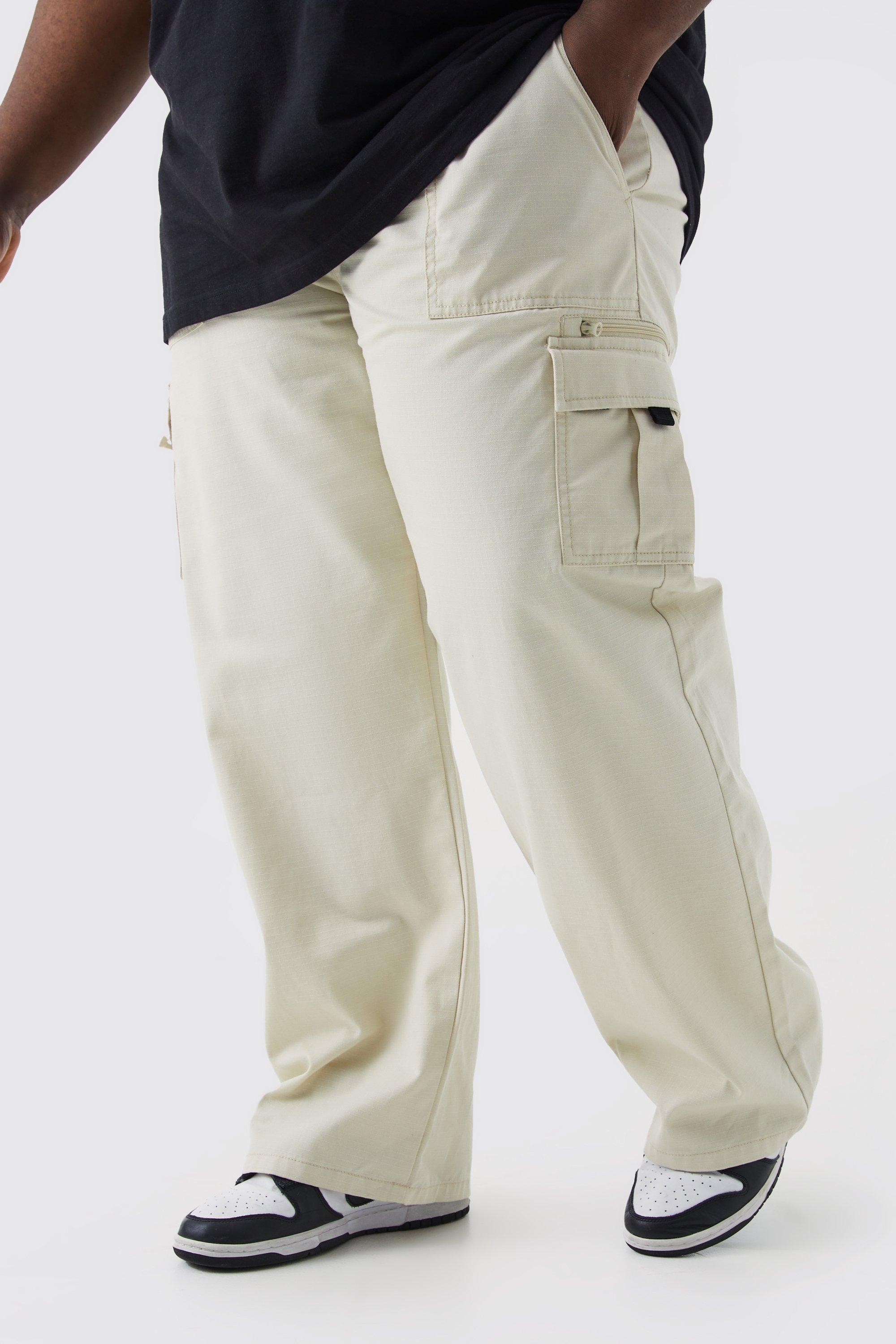 Mens Beige Plus Elastic Ripstop Cargo Zip Trouser, Beige