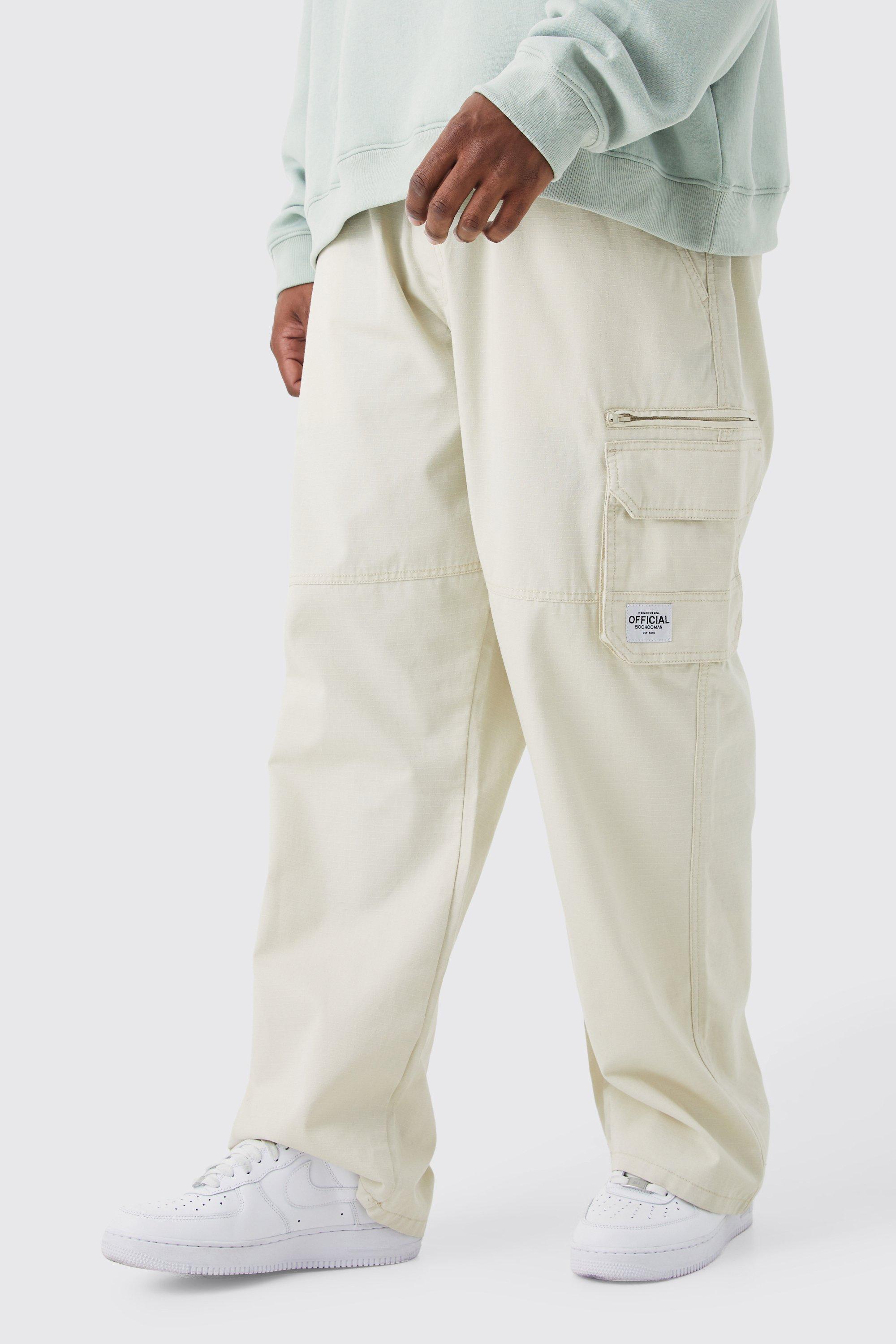 Mens Beige Plus Fixed Ripstop Cargo Zip Trouser With Woven Tab, Beige
