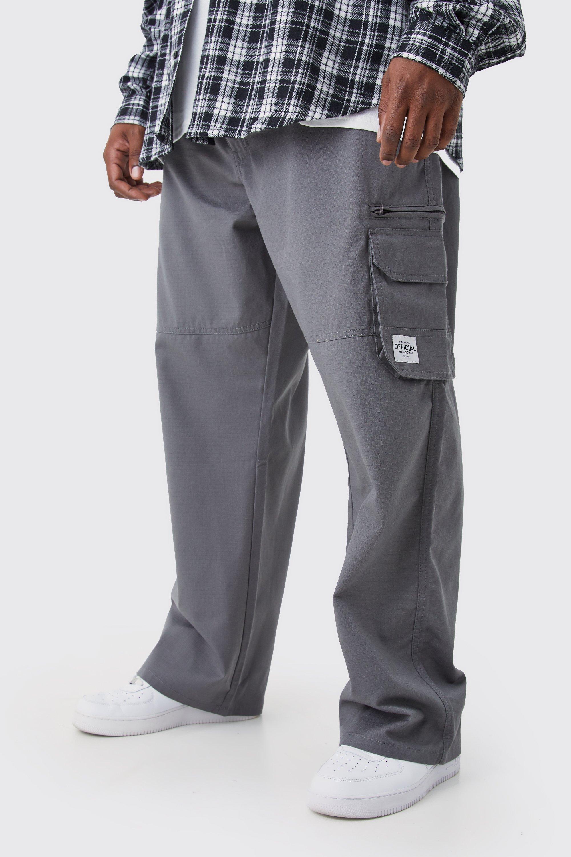 Mens Grey Plus Fixed Ripstop Cargo Zip Trouser With Woven Tab, Grey