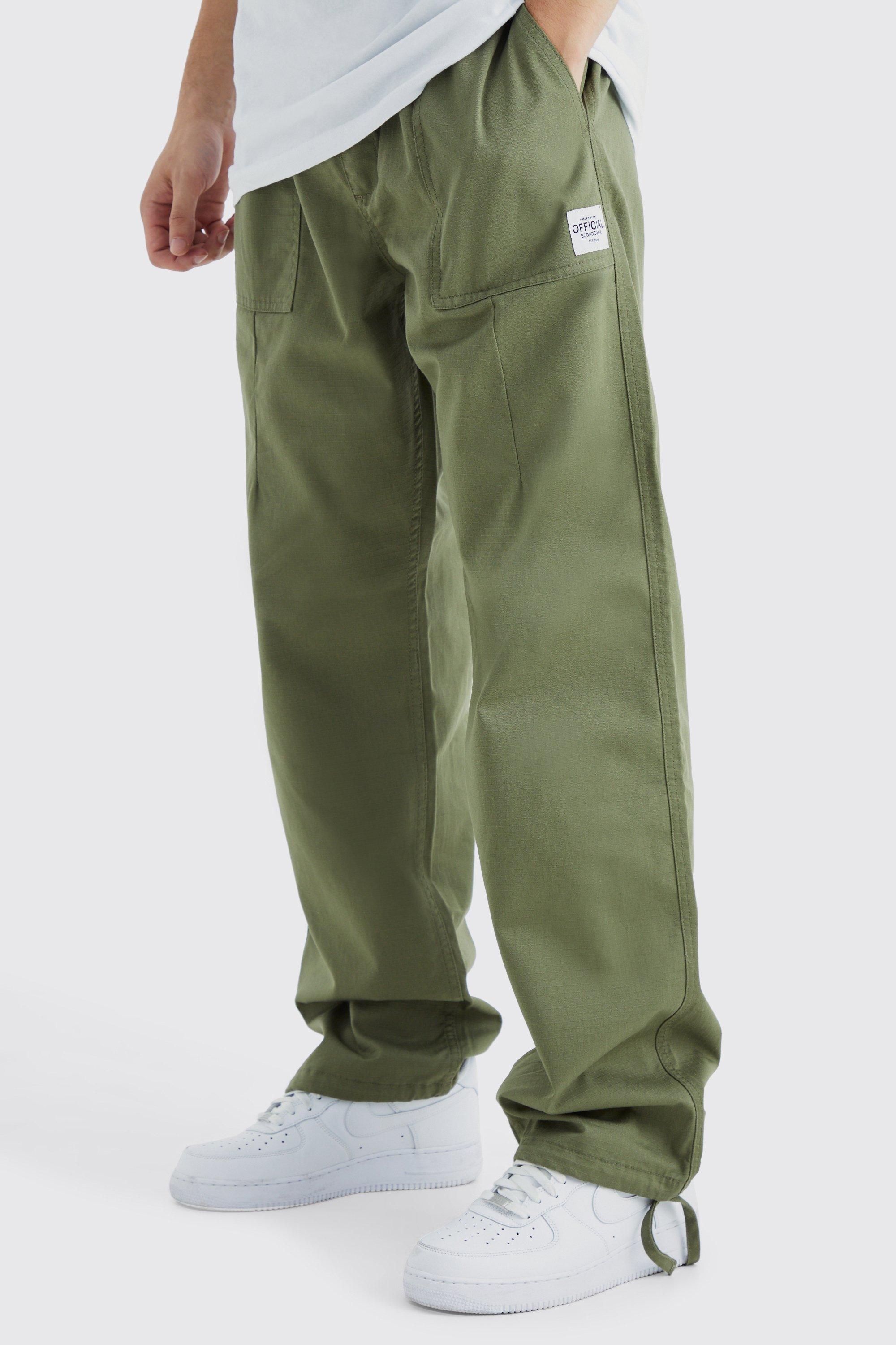 Mens Green Tall Elastic Relaxed Long Ripstop Trouser With Tab, Green