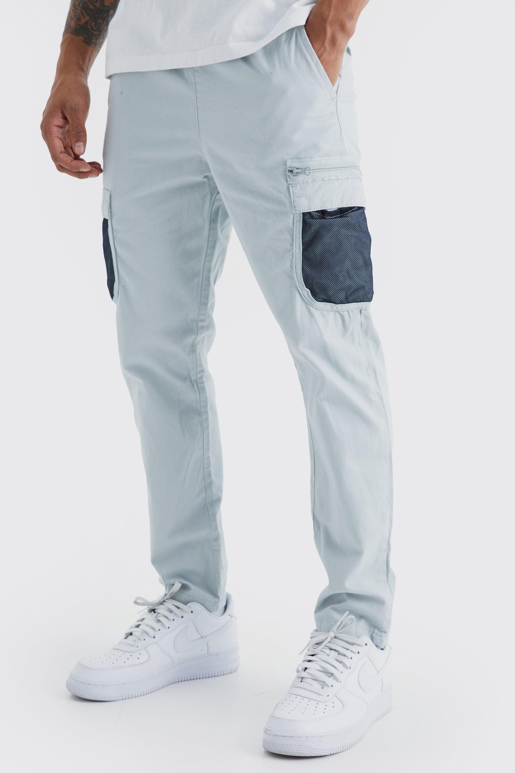 Mens Grey Elastic Comfort Mesh Pocket Cargo Trouser, Grey