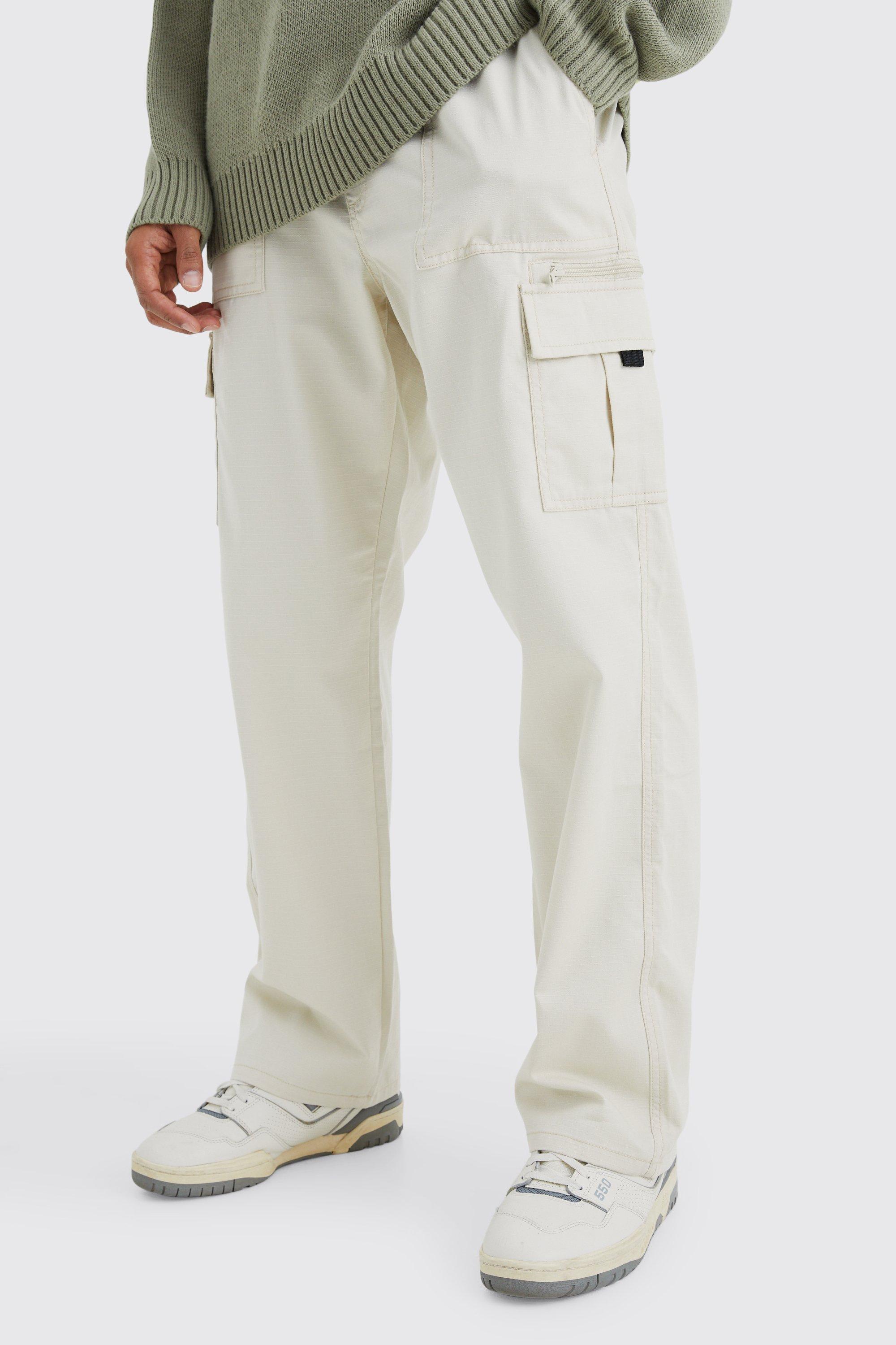 Mens Beige Elasticated Waist Relaxed Ripstop Cargo Zip Trouser, Beige