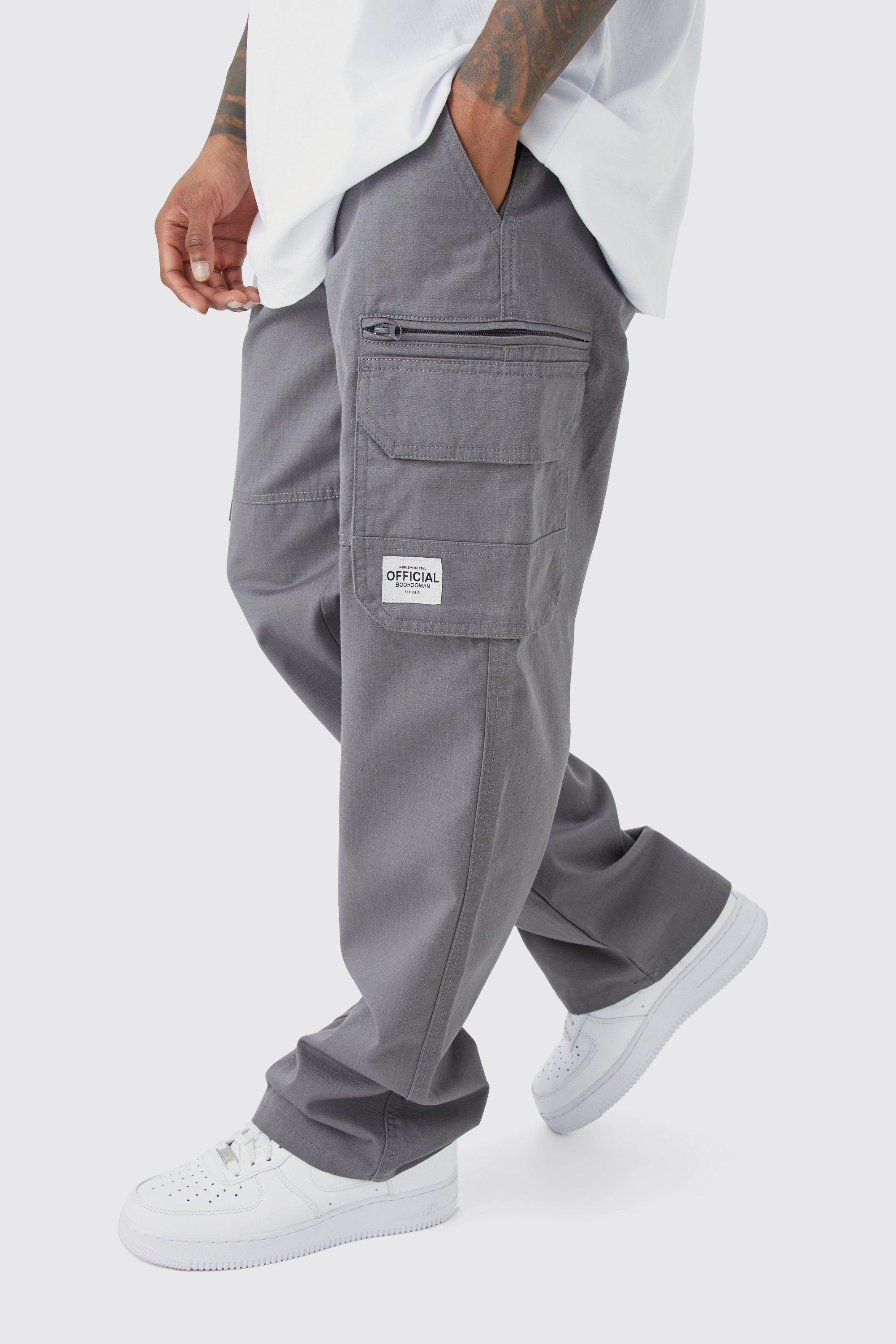 Mens Grey Fixed Ripstop Cargo Zip Trouser With Woven Tab, Grey