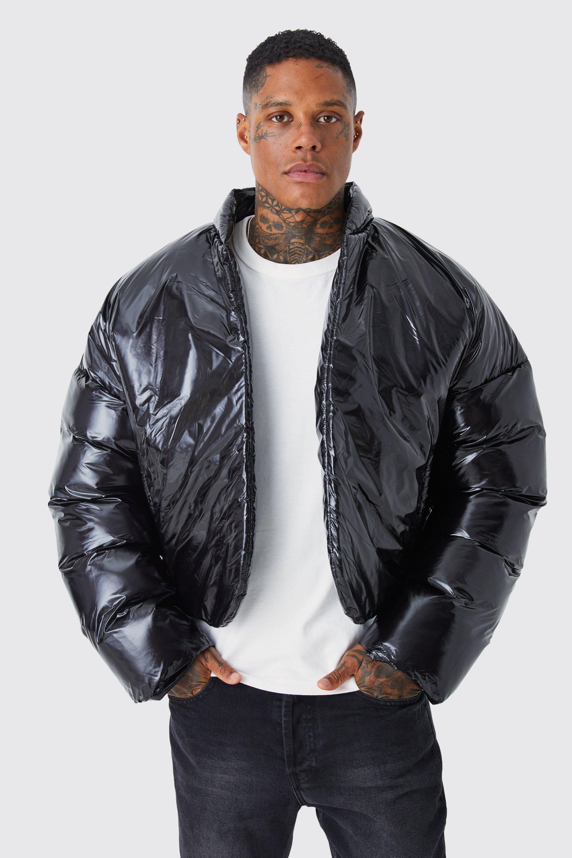 Mens Black Boxy High Shine Volume Padded Puffer Bomber, Black