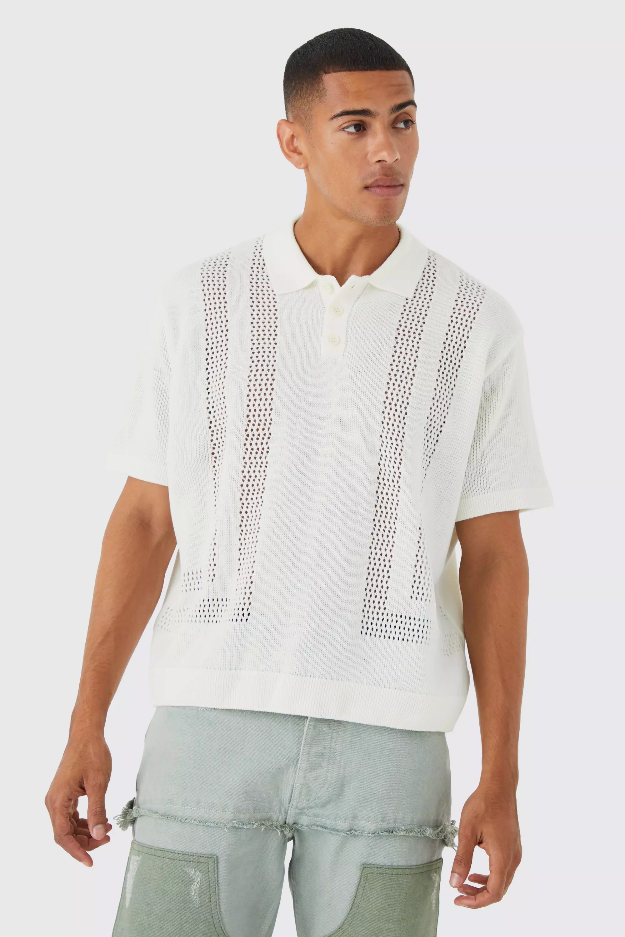 Oversized Boxy Open Stitch Detail Knit Polo