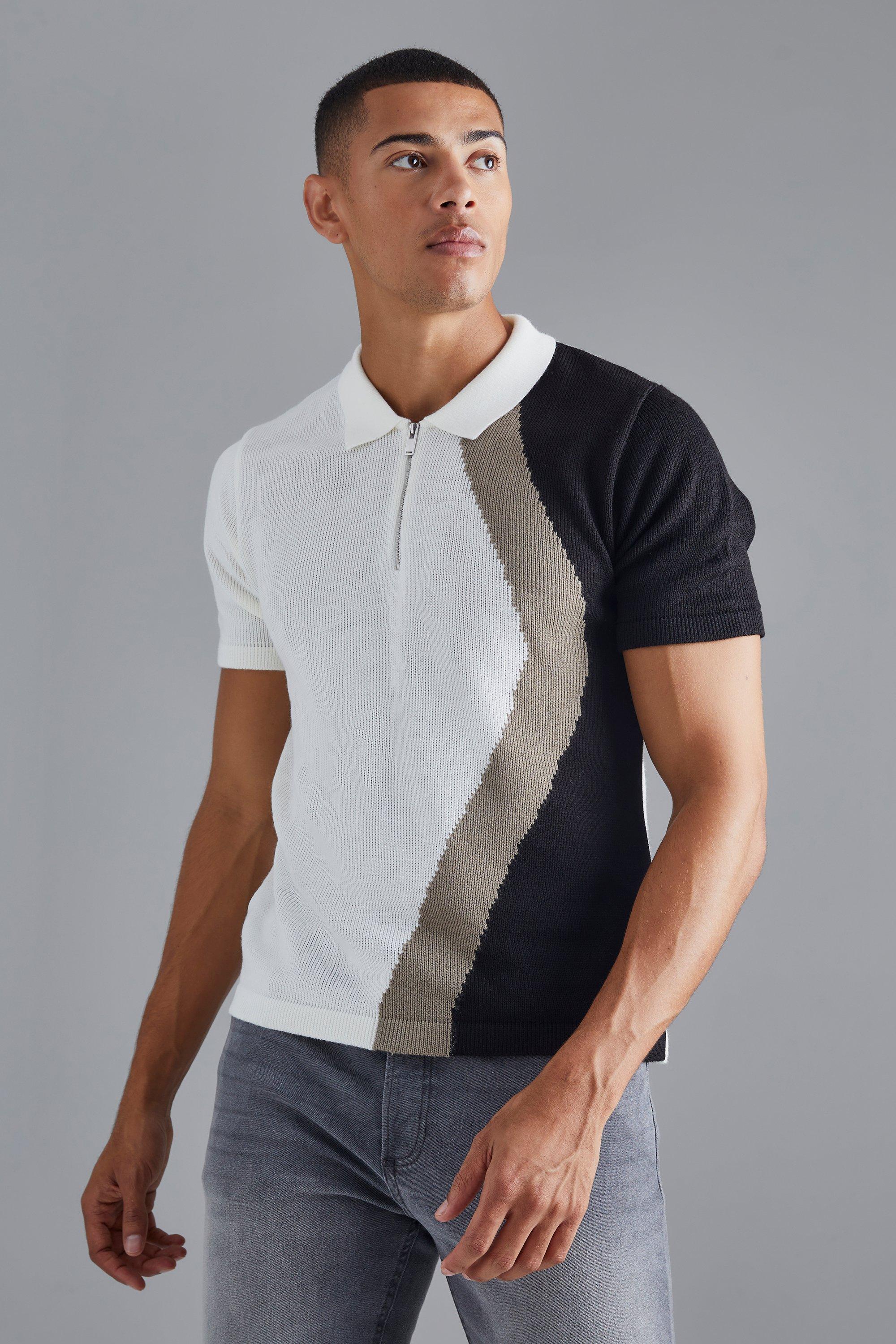 Mens Cream Regular Curved Jacquard Half Zip Knitted Polo, Cream
