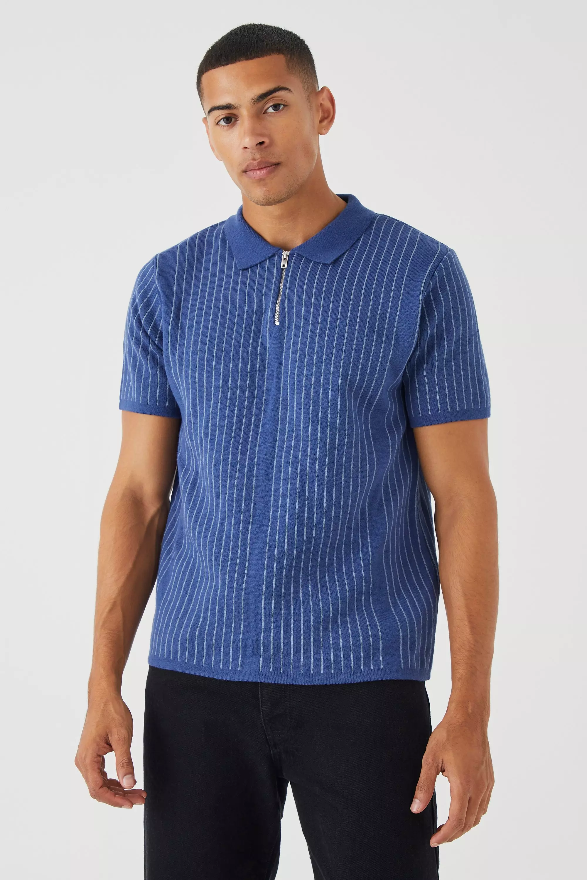 Regular Vertical Stripe Knitted Half Zip Polo