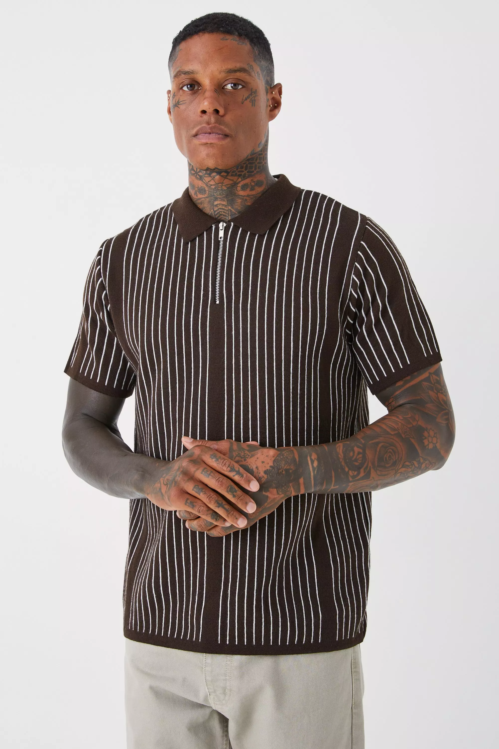 Regular Vertical Stripe Knitted Half Zip Polo boohooMAN USA