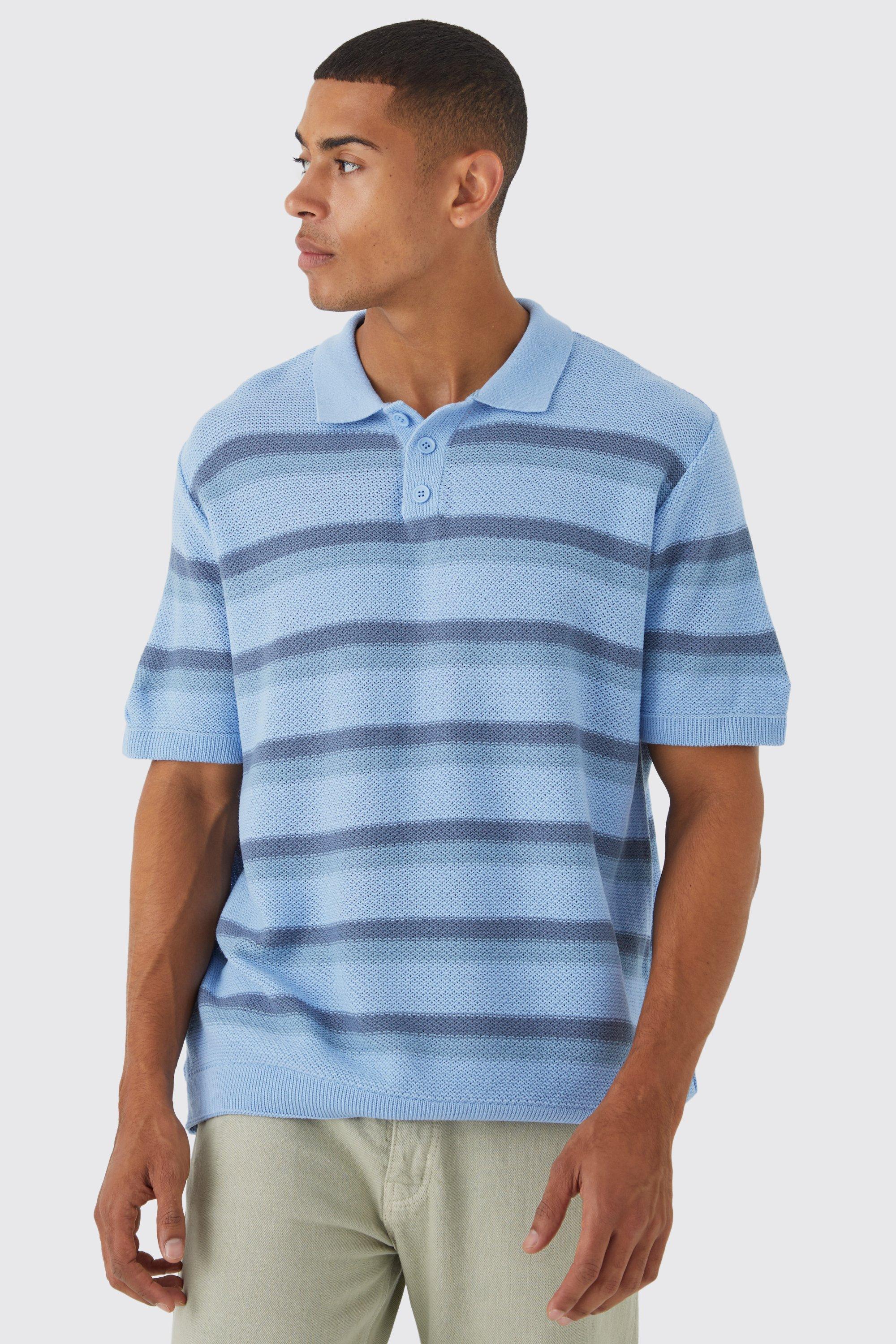 Mens Blue Oversized Boxy Ombre Striped Knitted Polo, Blue