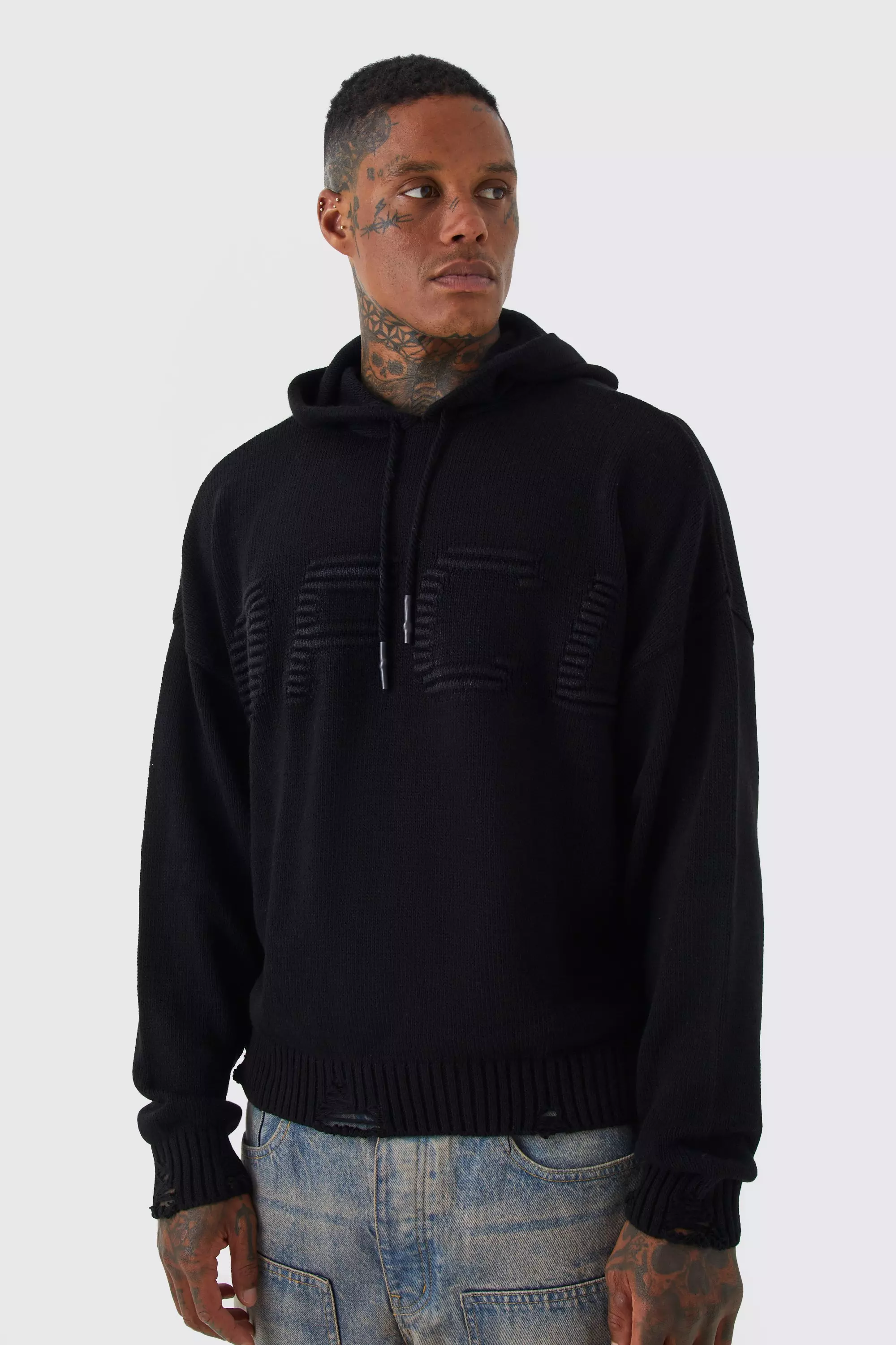 Boxy 3d Ofcl Knitted Hoodie boohooMAN USA