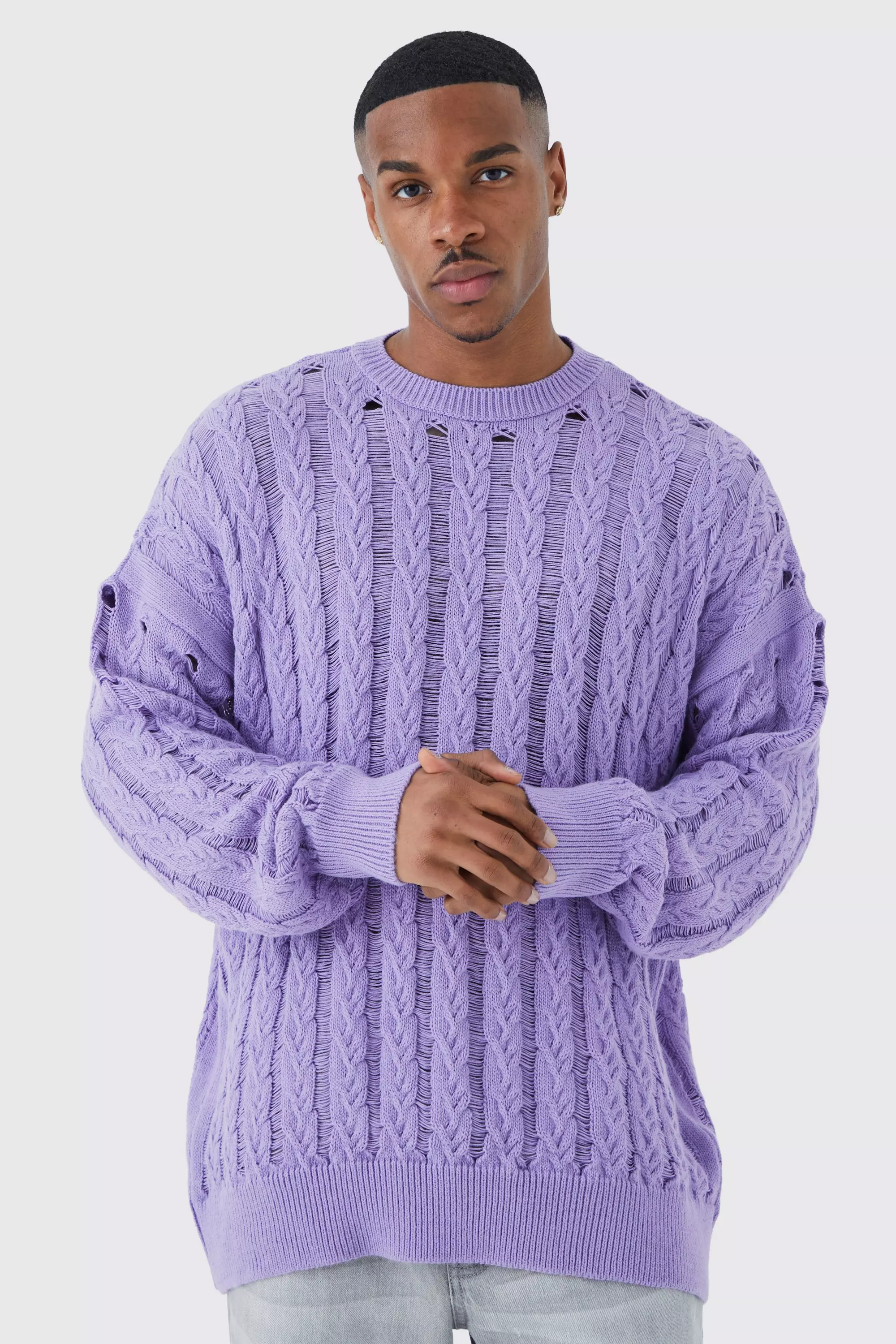 Oversized Open Stitch Cable Sweater | boohooMAN USA