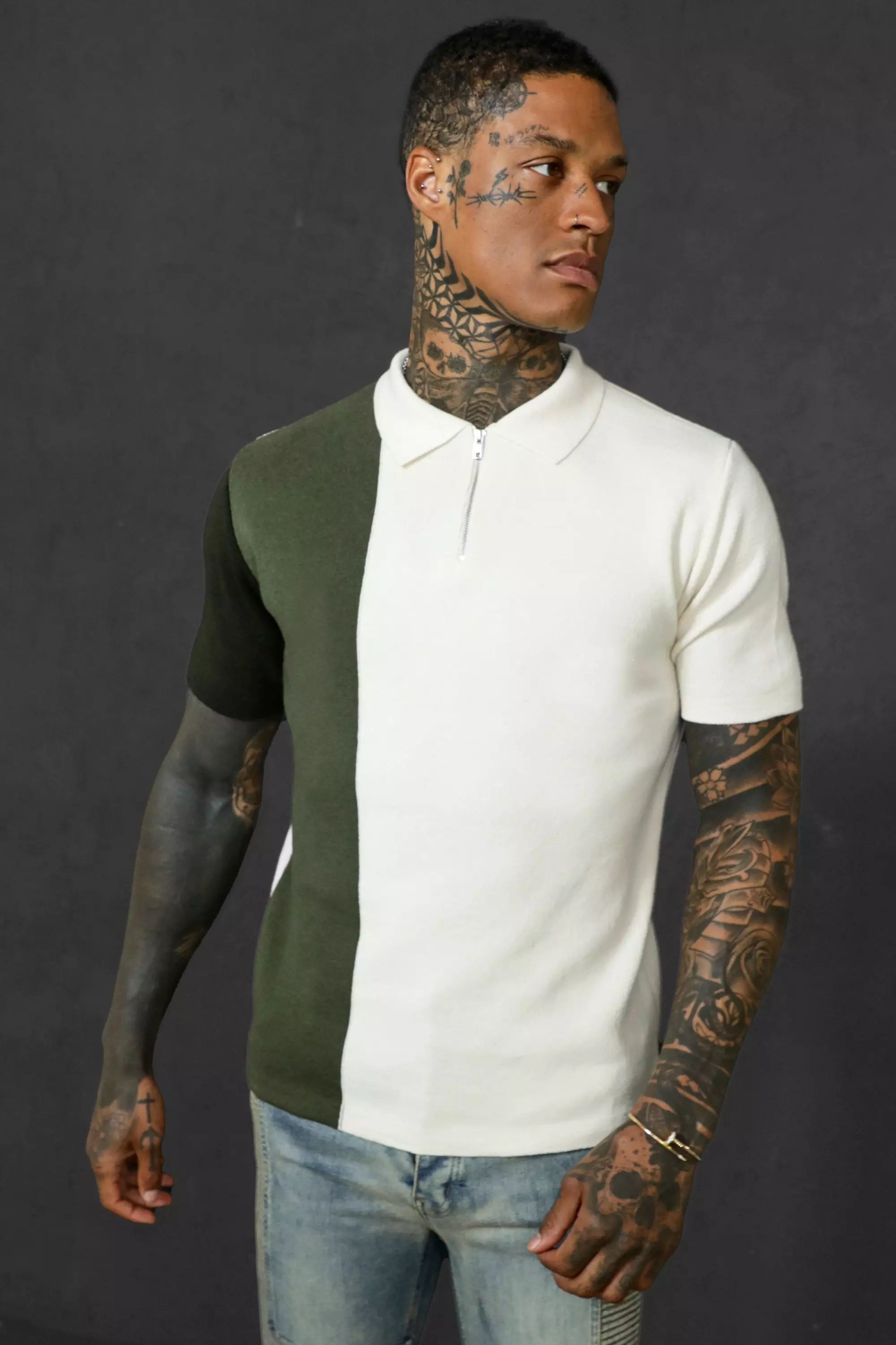 Short Sleeve Half Zip Colour Block Knit Polo | boohooMAN USA