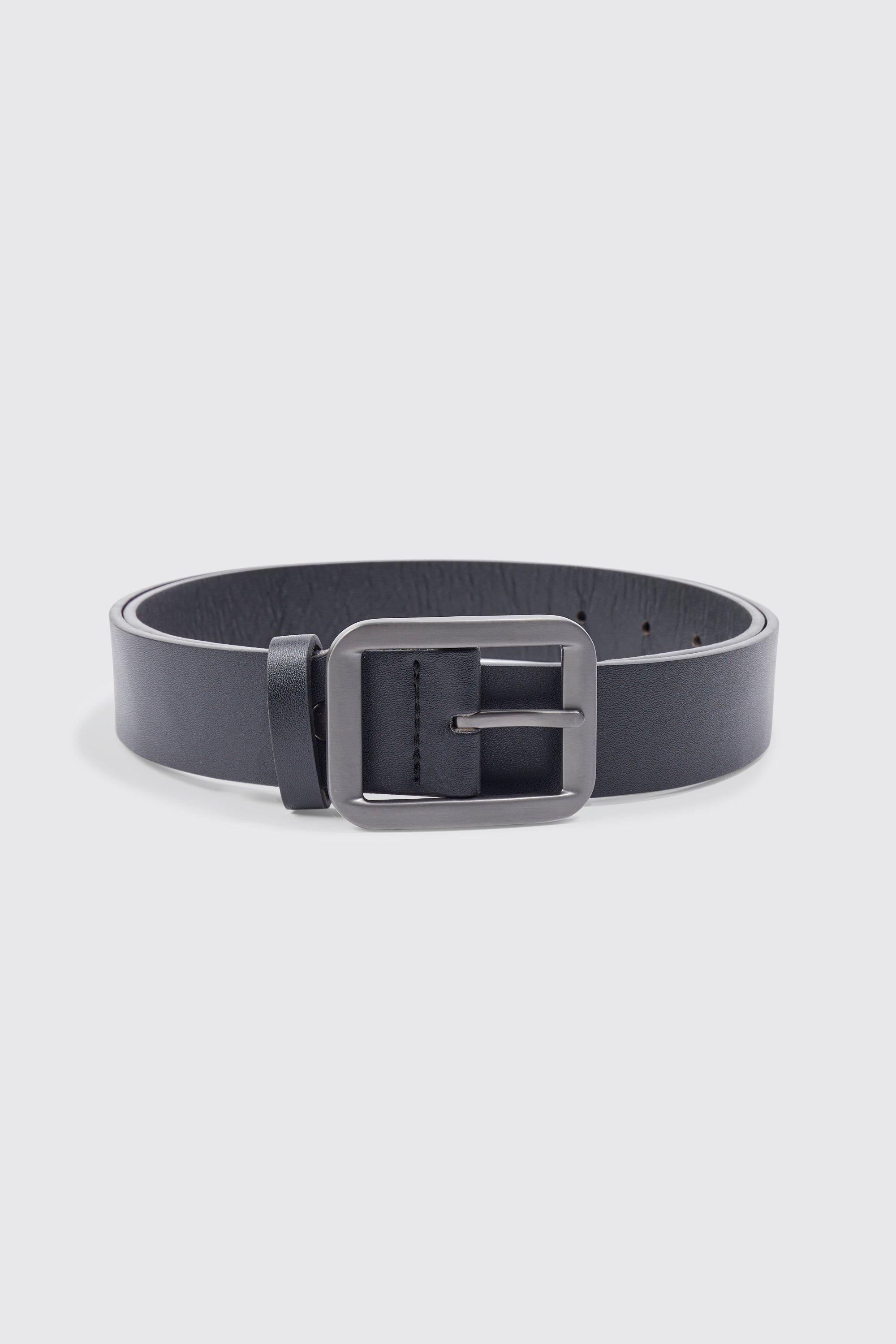 Mens Black Square Buckle Faux Leather Belt, Black