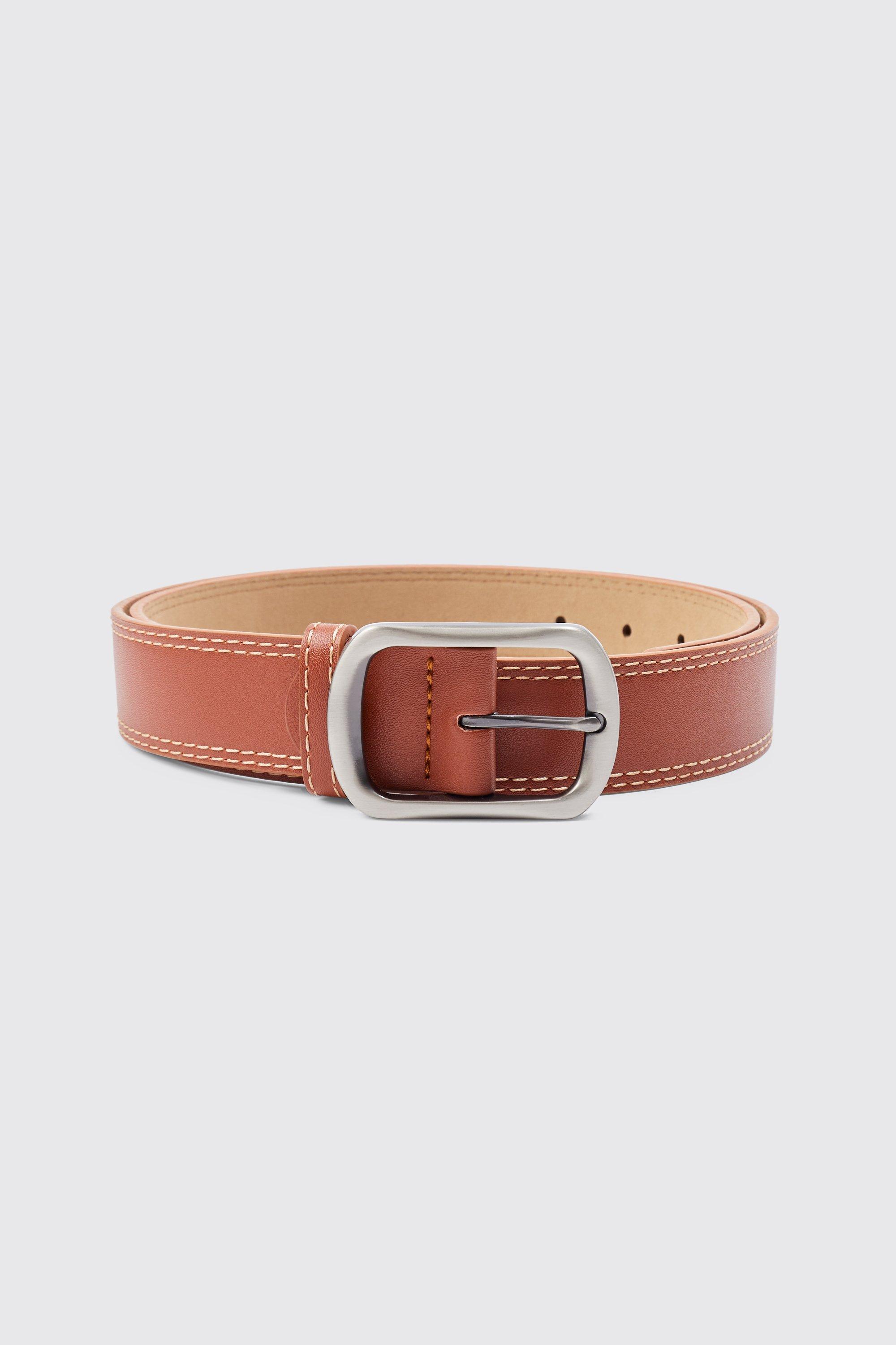 Mens Brown Faux Leather Stitch Detail Belt, Brown