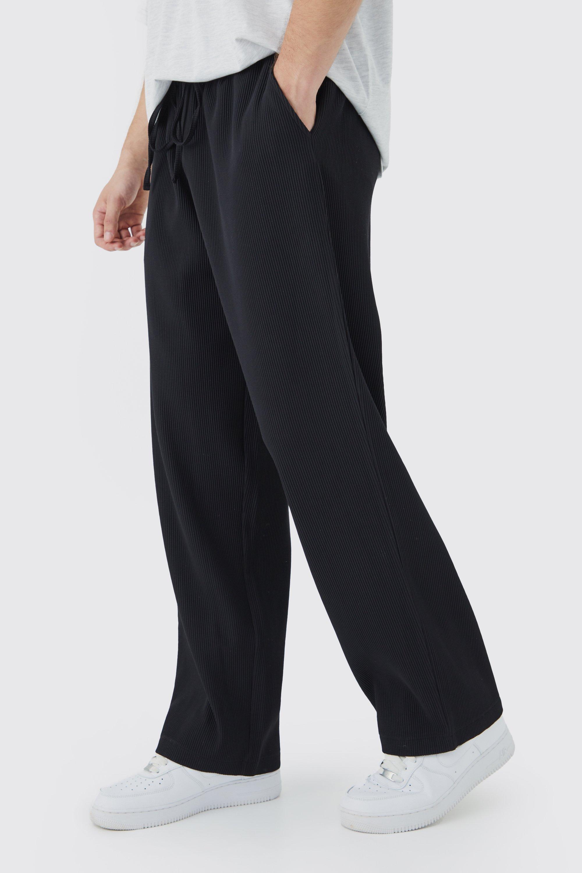 Mens Black Tall Elastic Waist Relaxed Fit Cropped Pleated Trouser, Black