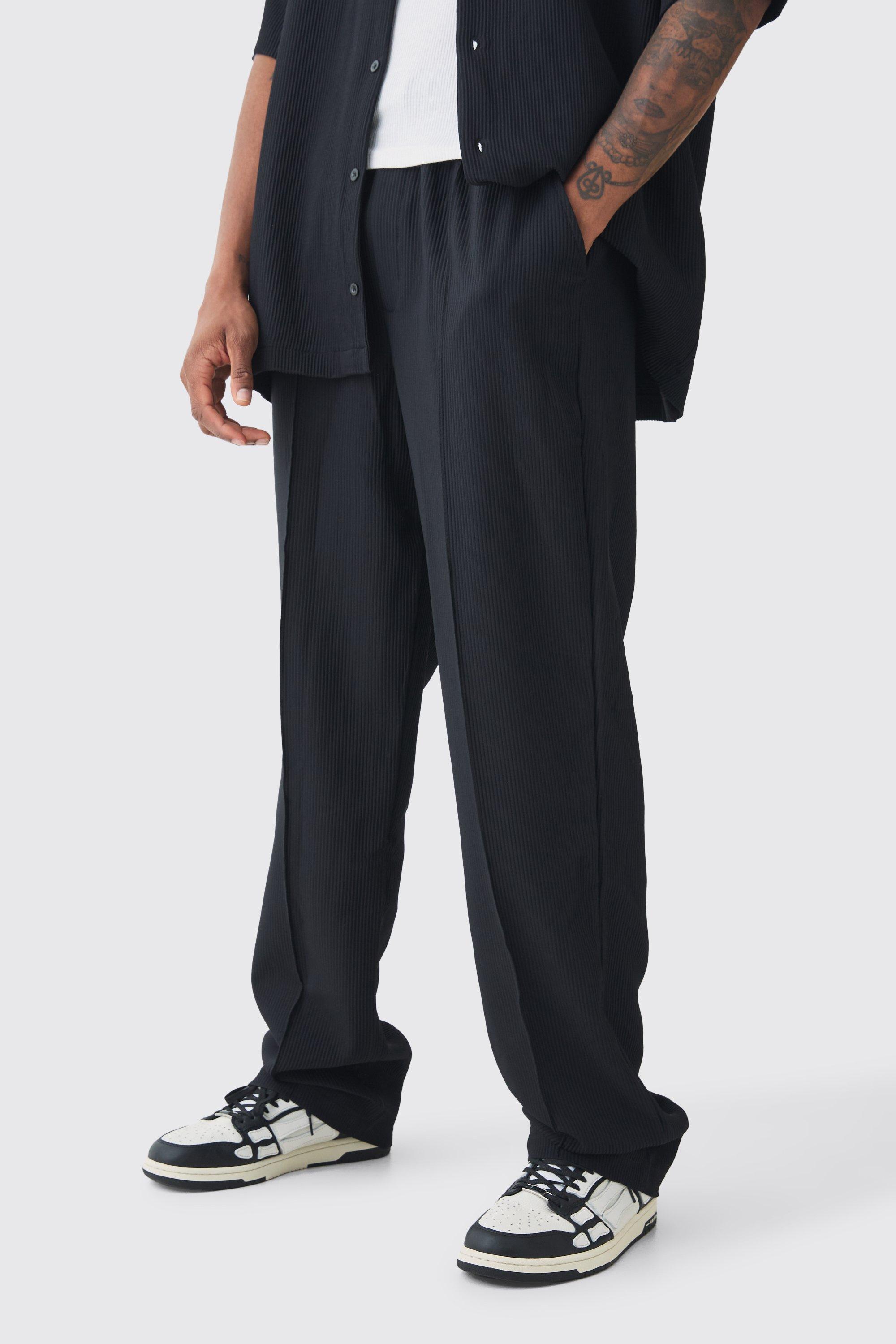 Mens Black Tall Elastic Waist Relaxed Fit Pleated Trouser, Black