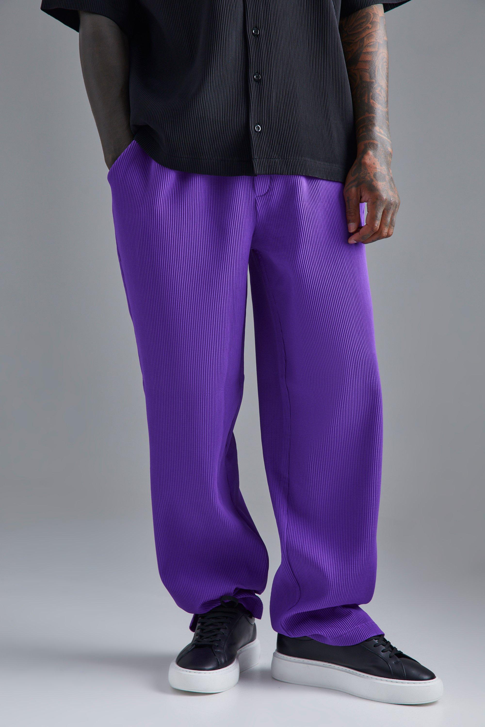 Mens Purple Elasticated Waist Relaxed Fit Pleated Trouser, Purple