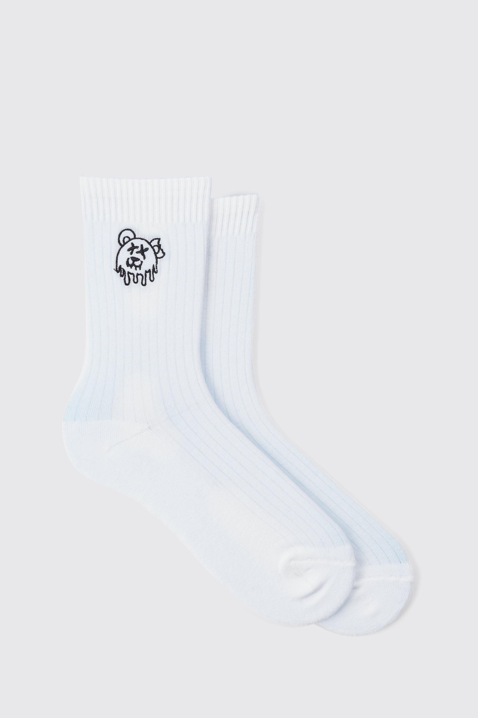 Mens White Teddy Logo Embroidered Socks, White