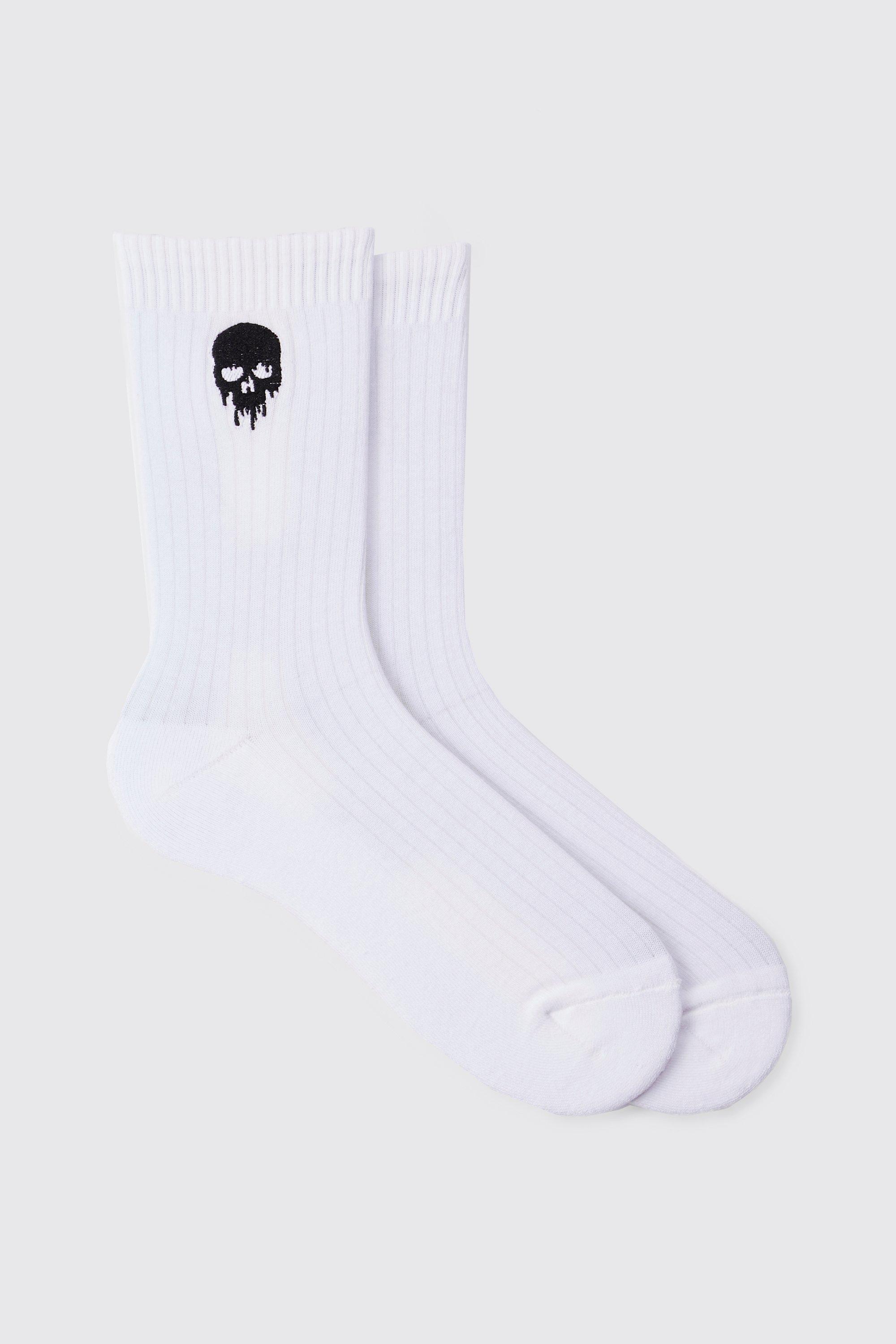 Mens White Skull Embroidered Sports Socks, White