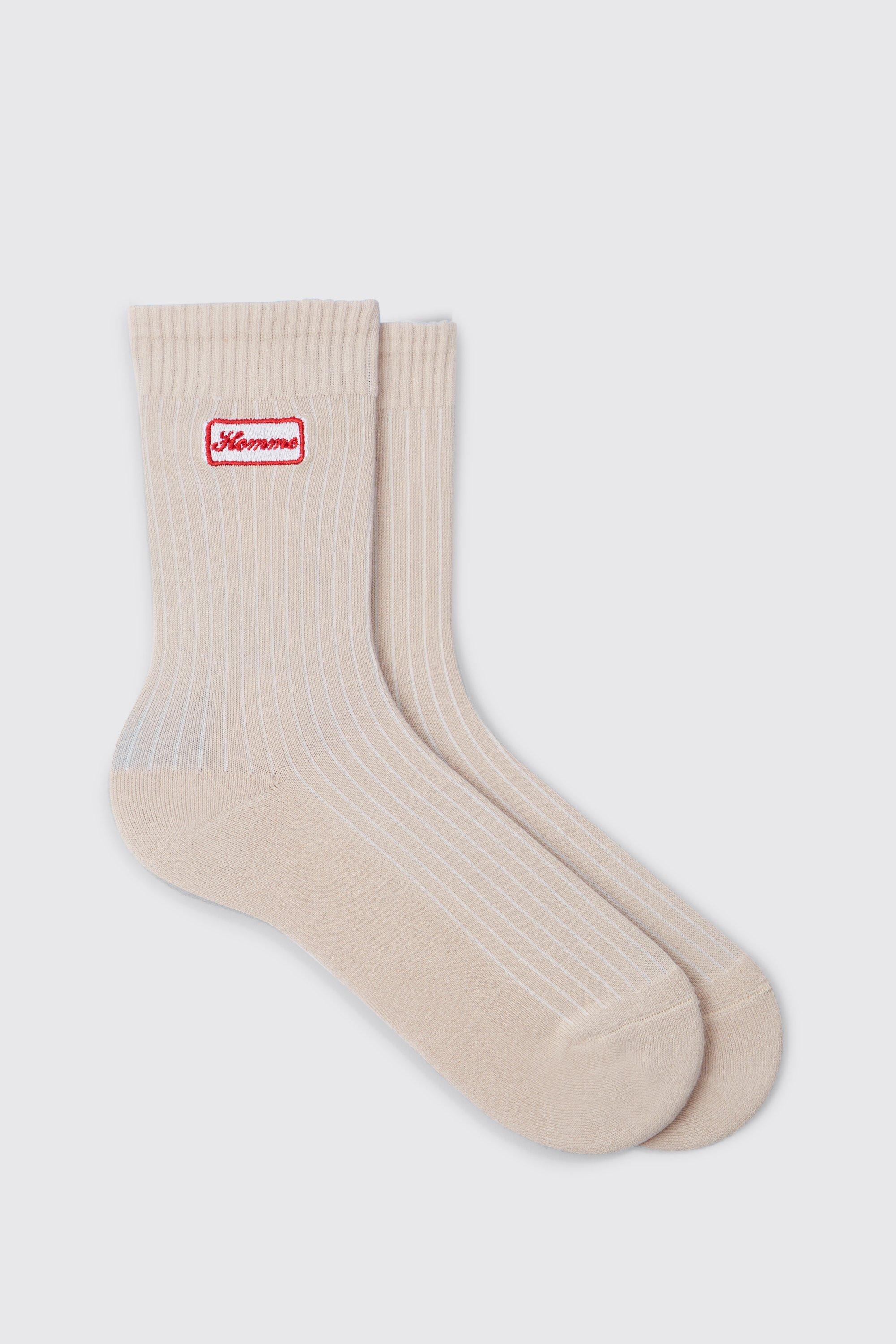 Mens Cream Homme Embroidered Socks, Cream