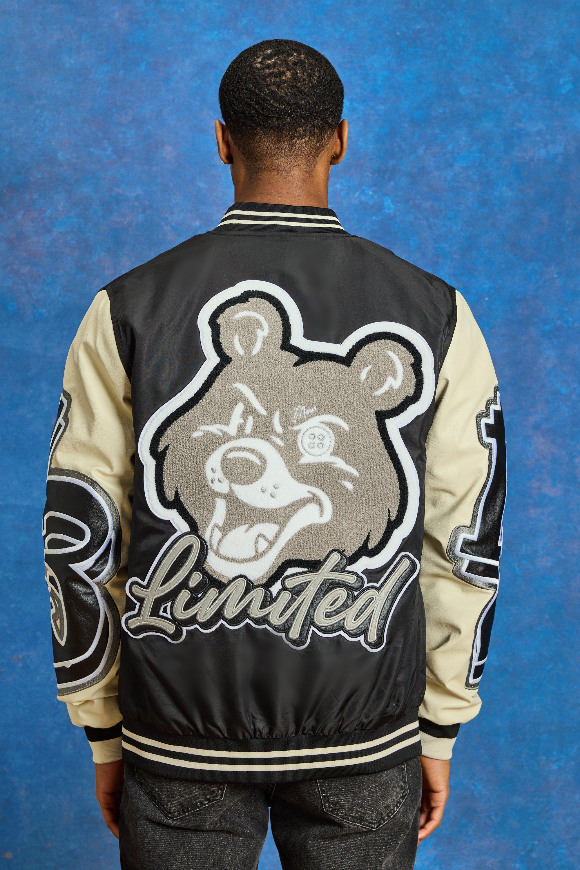 Mens Black Regular Nylon And PU Teddy Badge Varsity, Black