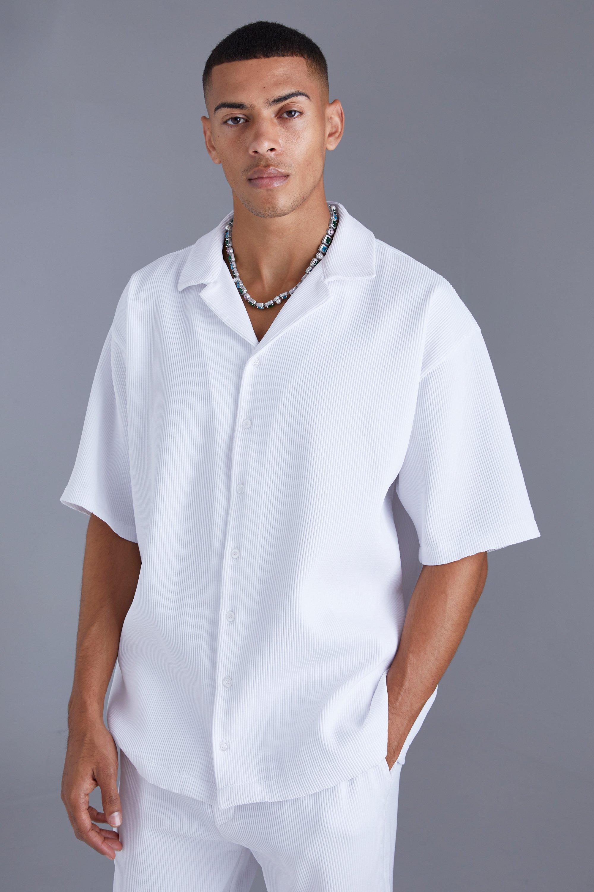 Mens White Short Sleeve Revere Oversized Pleated Shirt, White