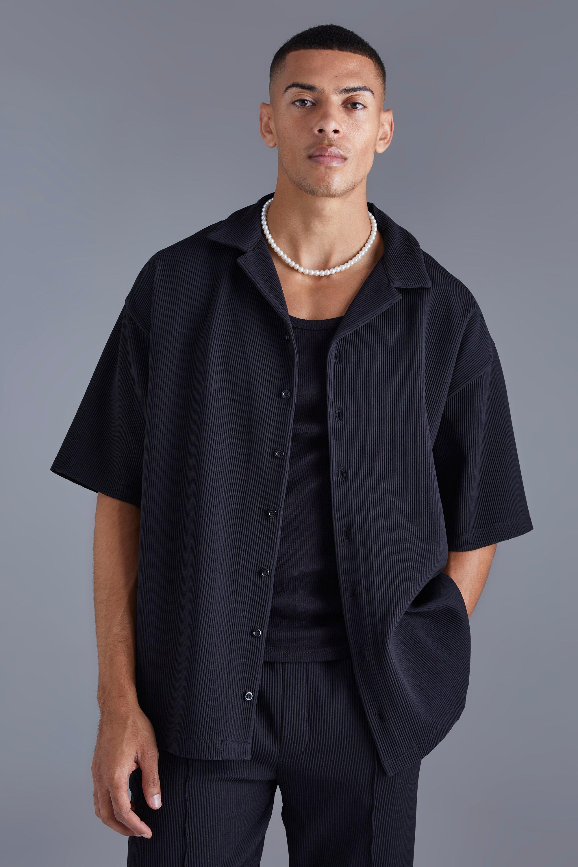 Mens Black Short Sleeve Revere Oversized Pleated Shirt, Black
