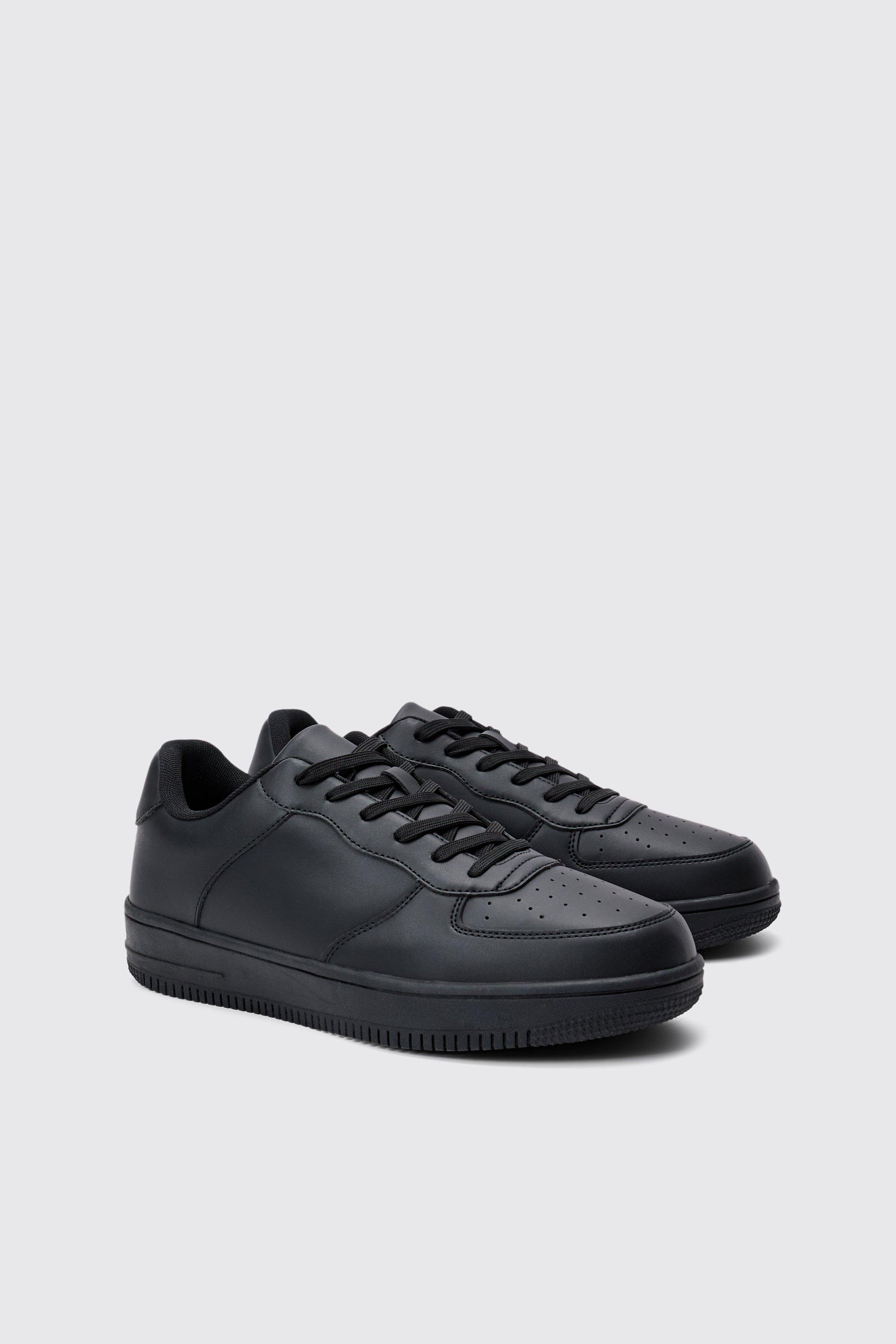 Mens Black Faux Leather Panel Trainer, Black