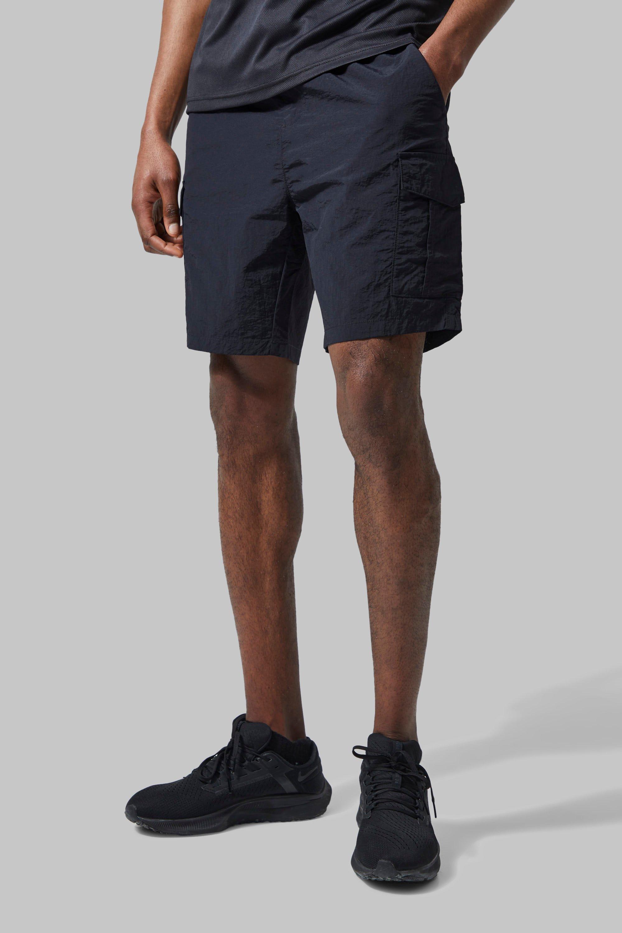 Mens Black Man Active Nylon Cargo Shorts, Black