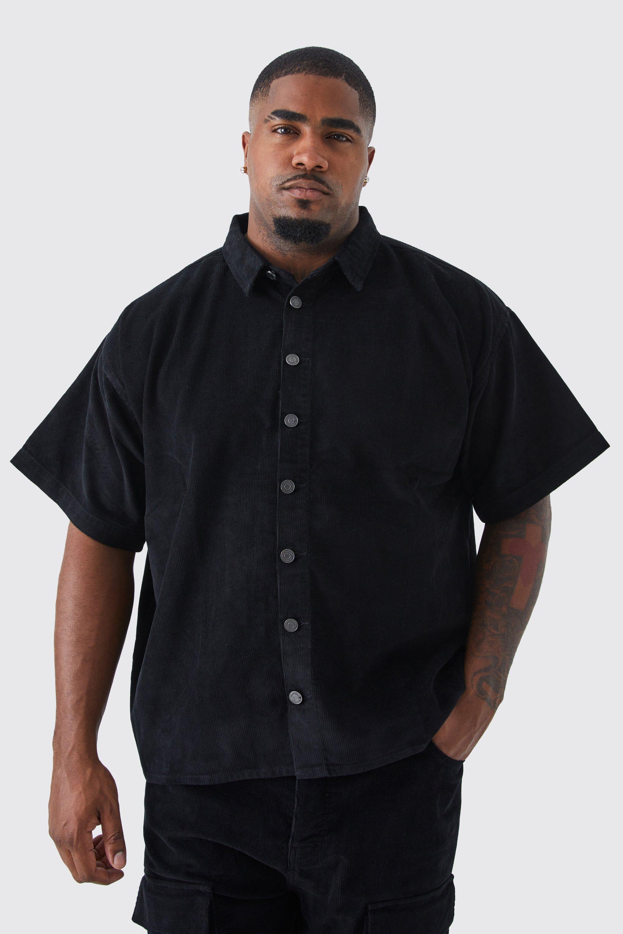 Mens Black Plus Boxy Fit Cord Shirt, Black