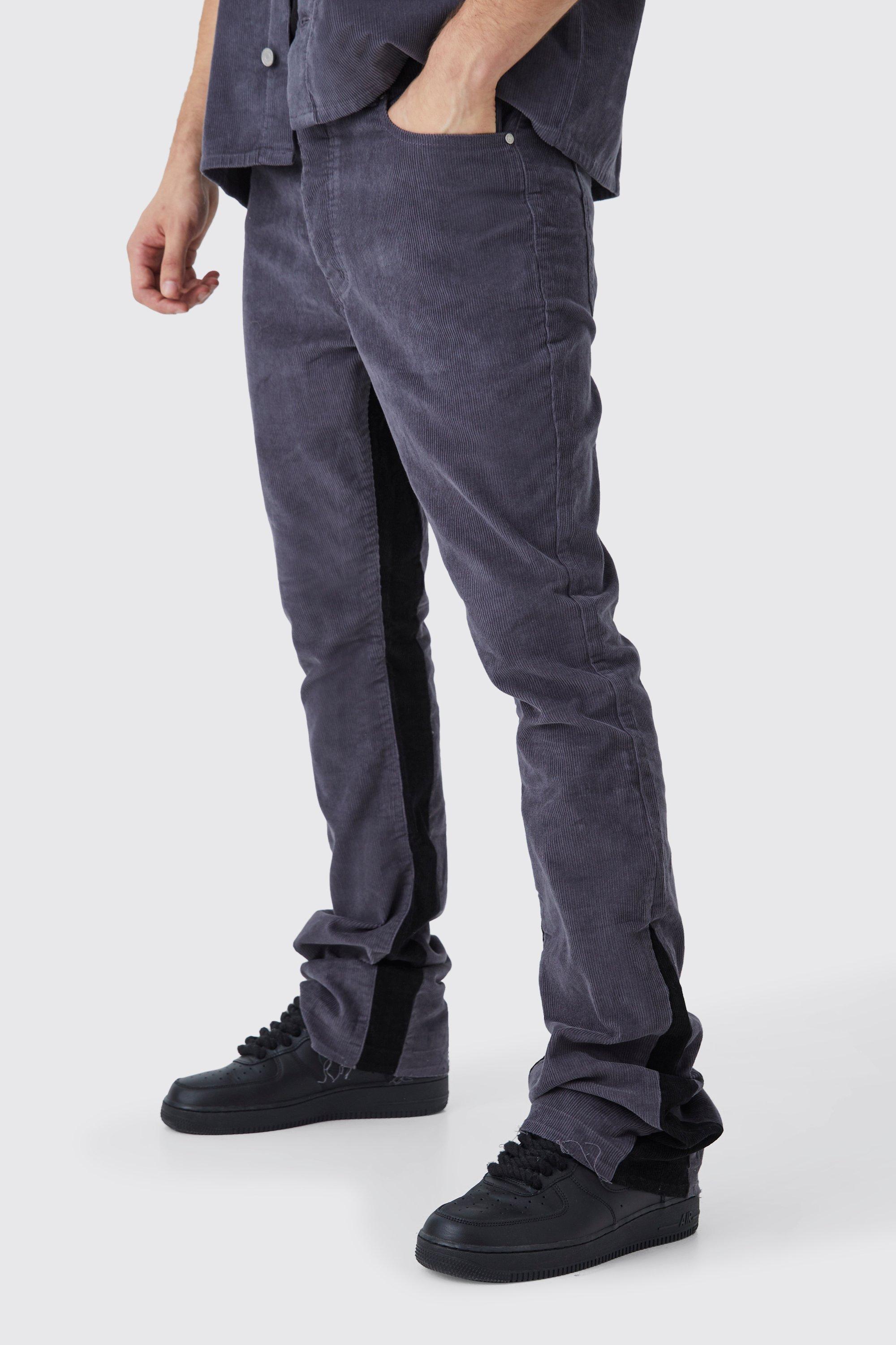 Mens Grey Tall Fixed Waist Slim Flare Gusset Cord Trouser, Grey