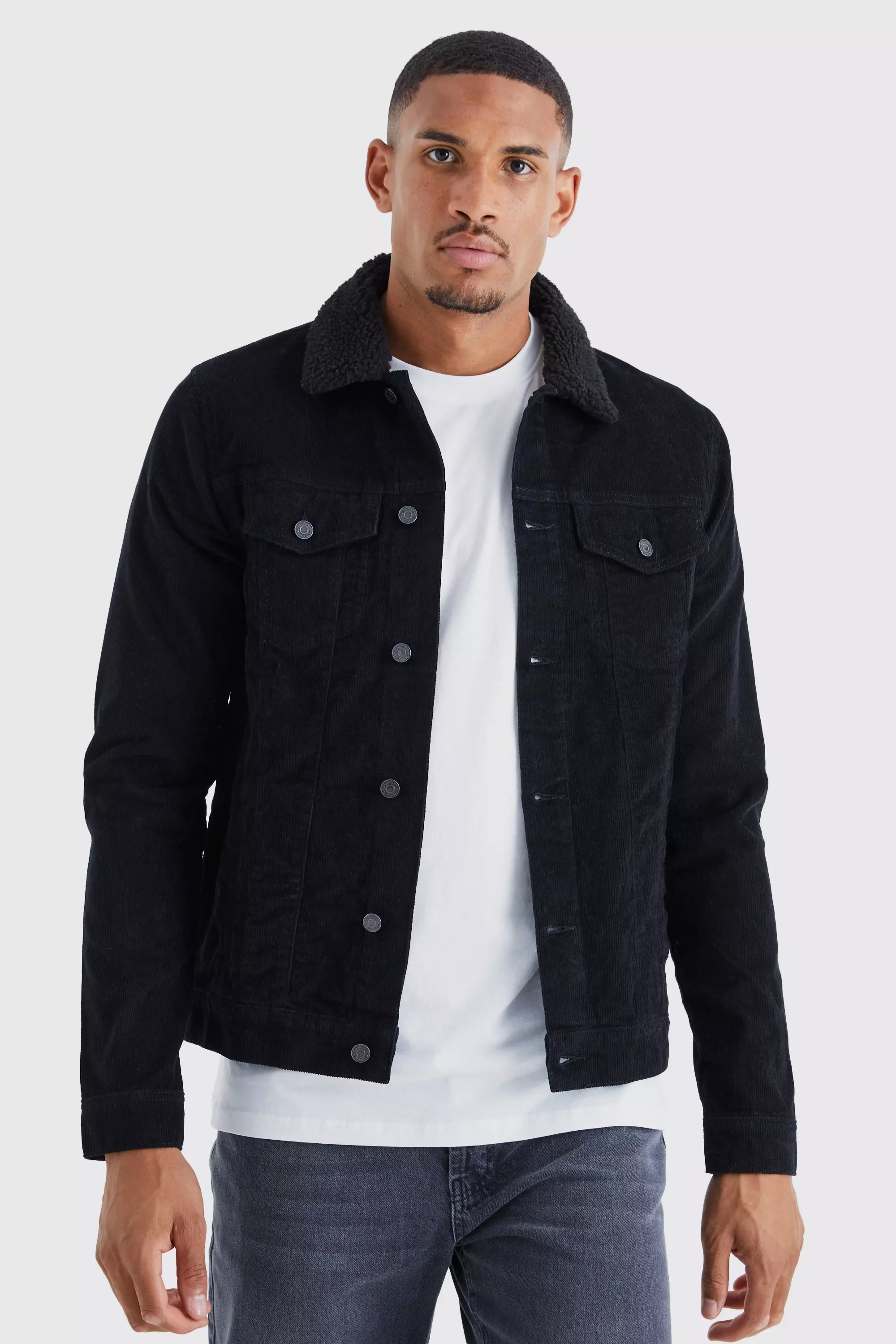 Mens black denim jacket with borg collar sale