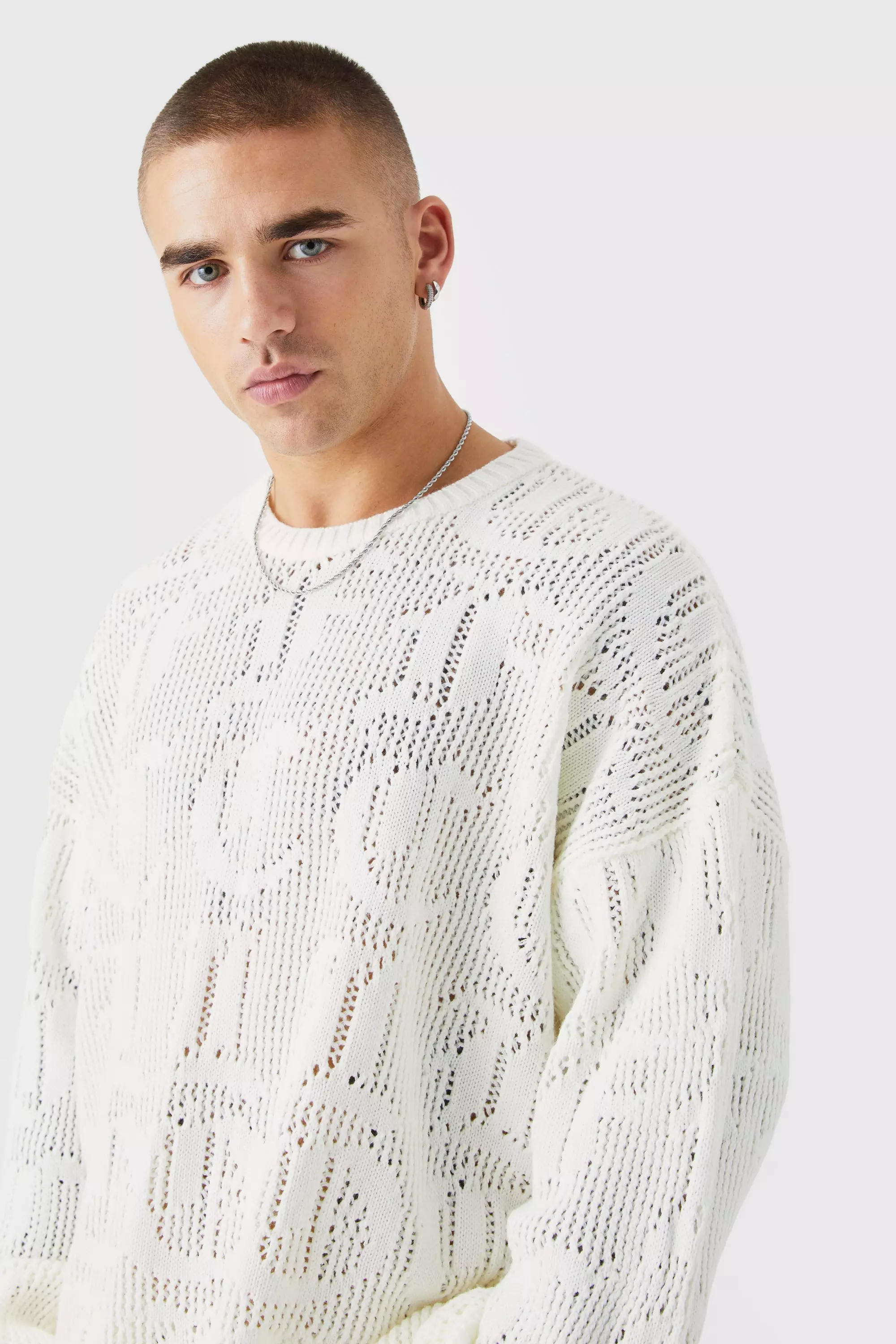 Oversized Ofcl Jaquard Open Knit Sweater | boohooMAN USA