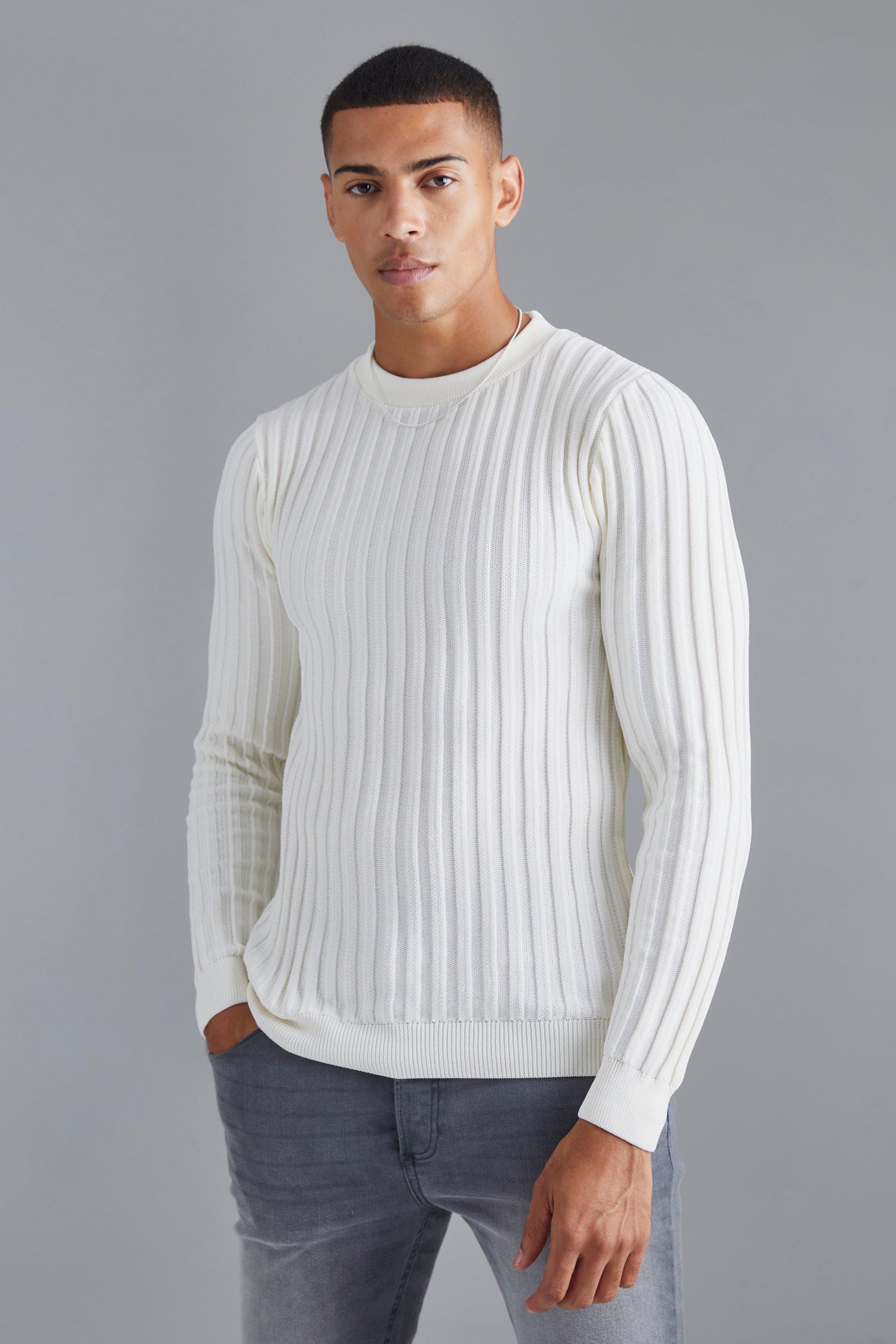 Mens Cream Muscle Fit Ribbed Long Sleeve Jumper, Cream