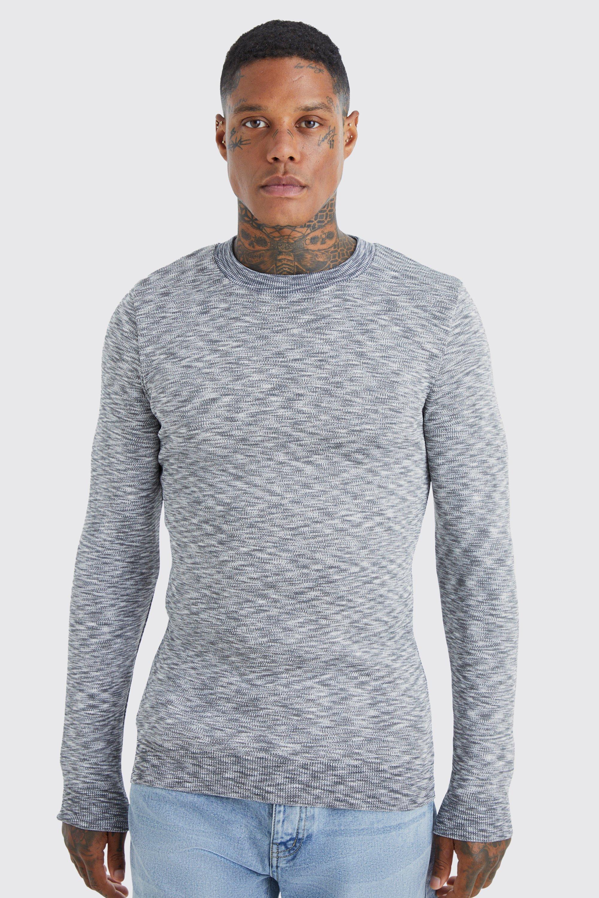 Mens Grey Tall Muscle Fit Space Dye Long Sleeve Jumper, Grey