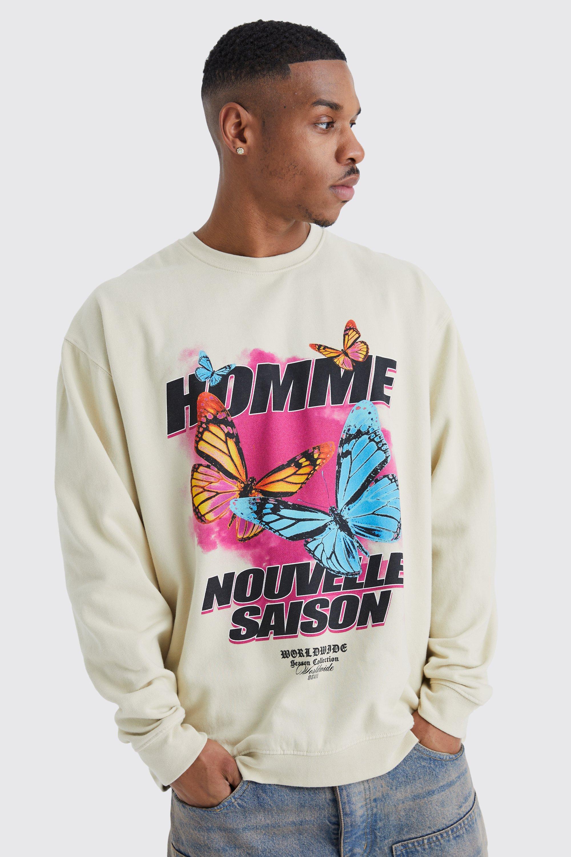 Mens Beige Oversized Butterfly Graphic Sweatshirt, Beige