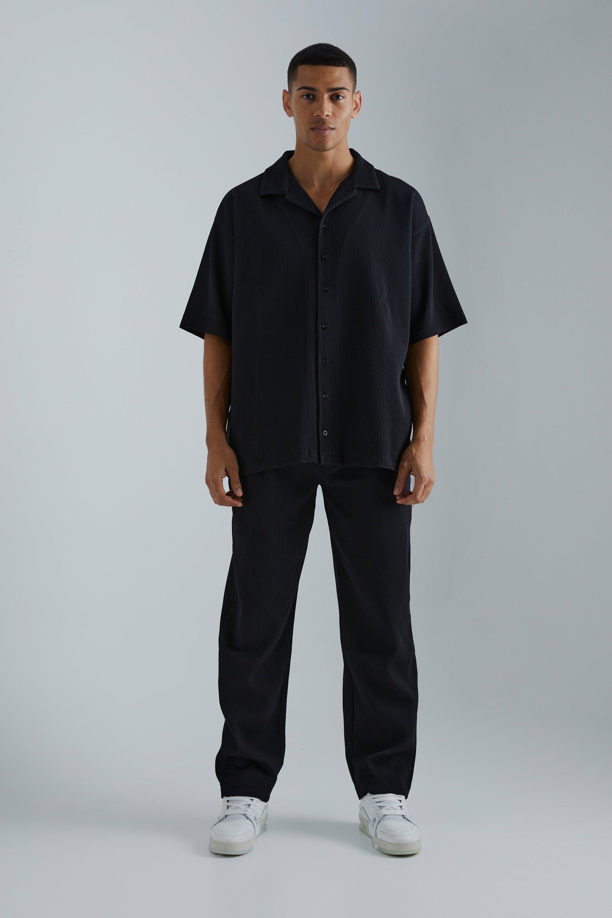 Mens Black Oversized Short Sleeve Pleated Shirt & Straight Trouser, Black