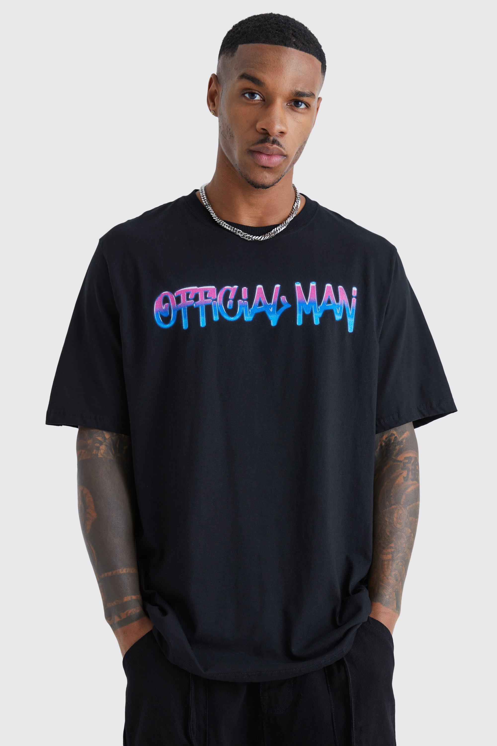 Mens Black Oversized Ombre Official Man Print T-shirt, Black