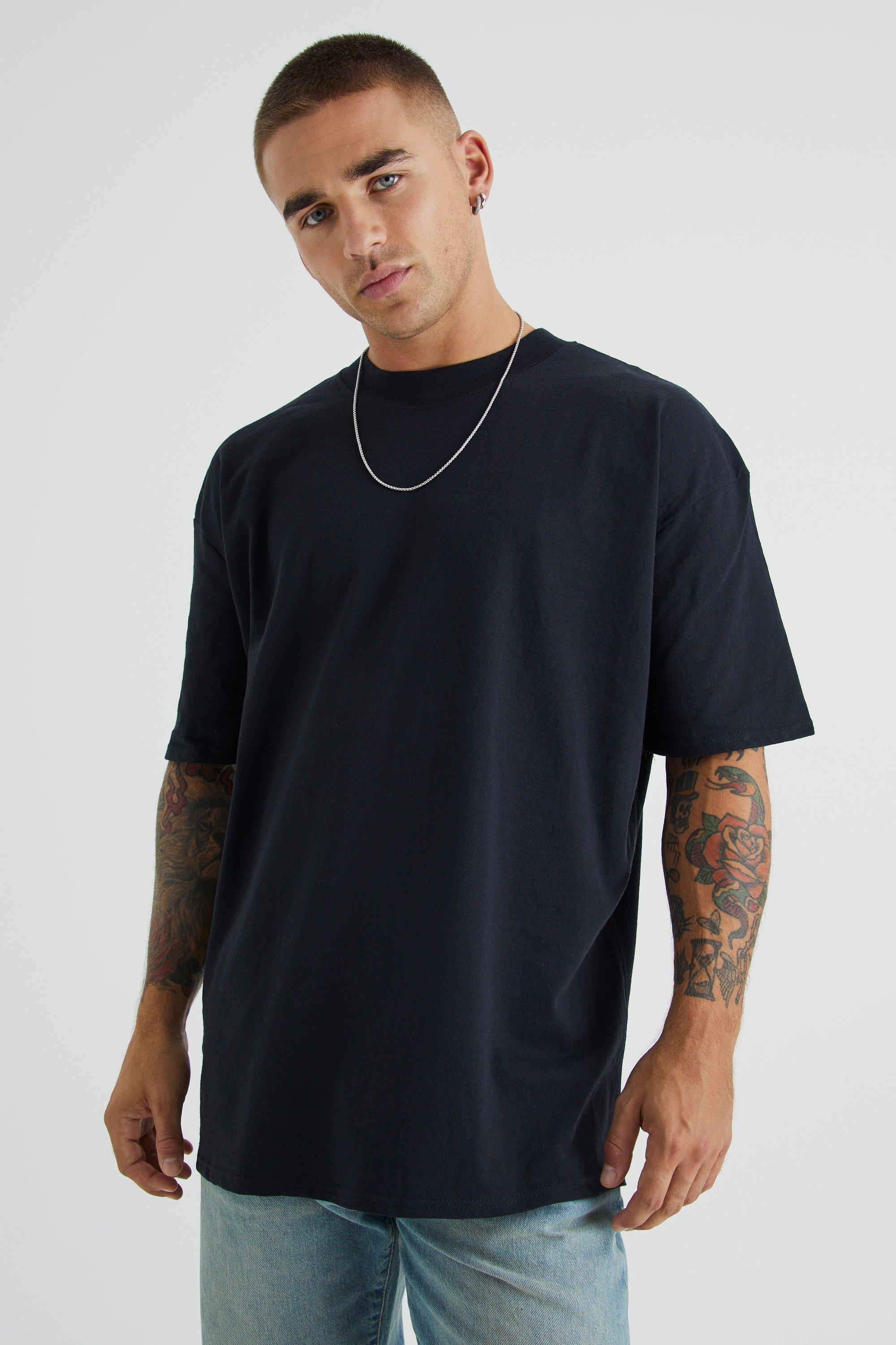 Mens Black Oversized Extended Neck Floral Graphic T-shirt, Black