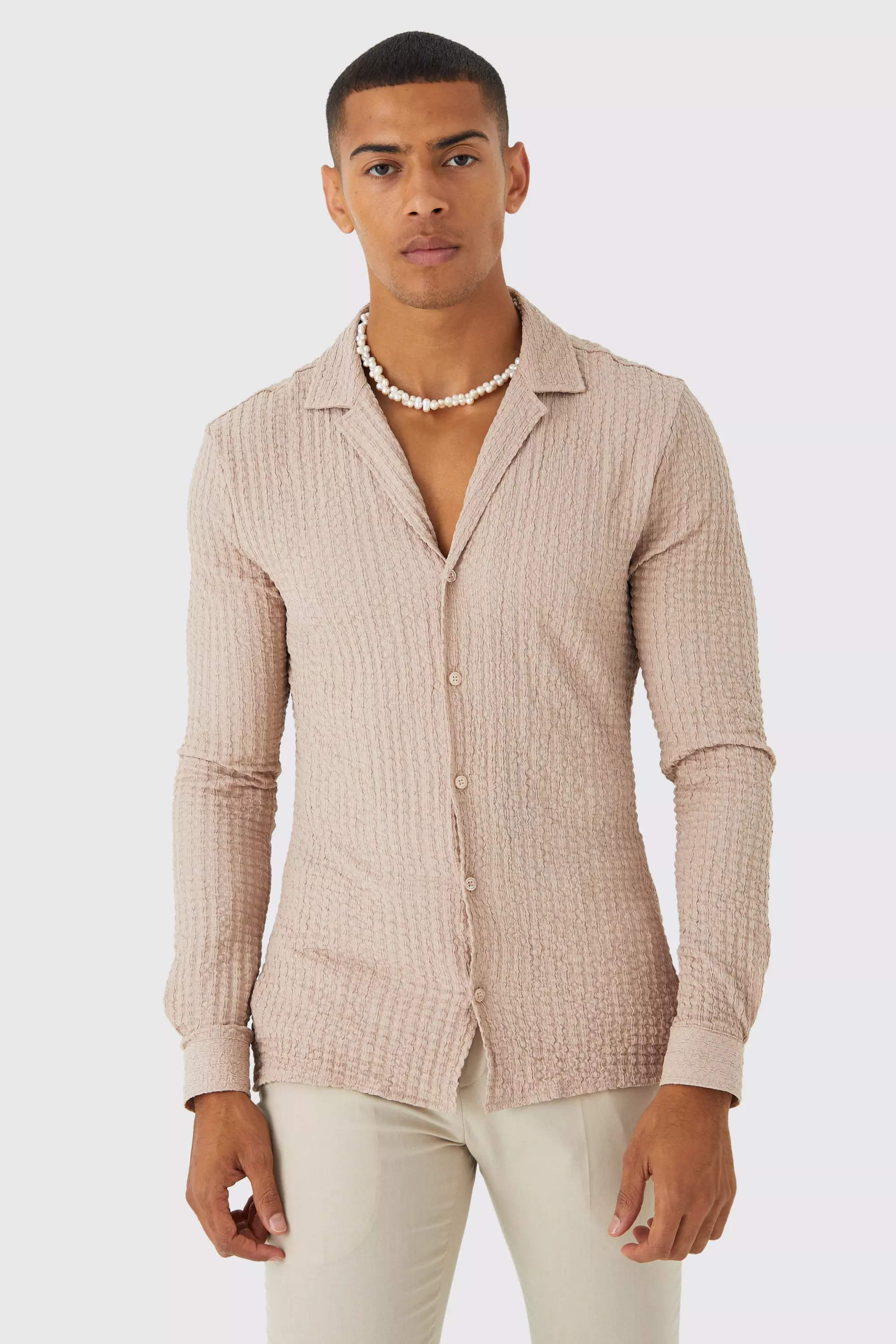 Long Sleeve Revere Knitted Crinkle Shirt