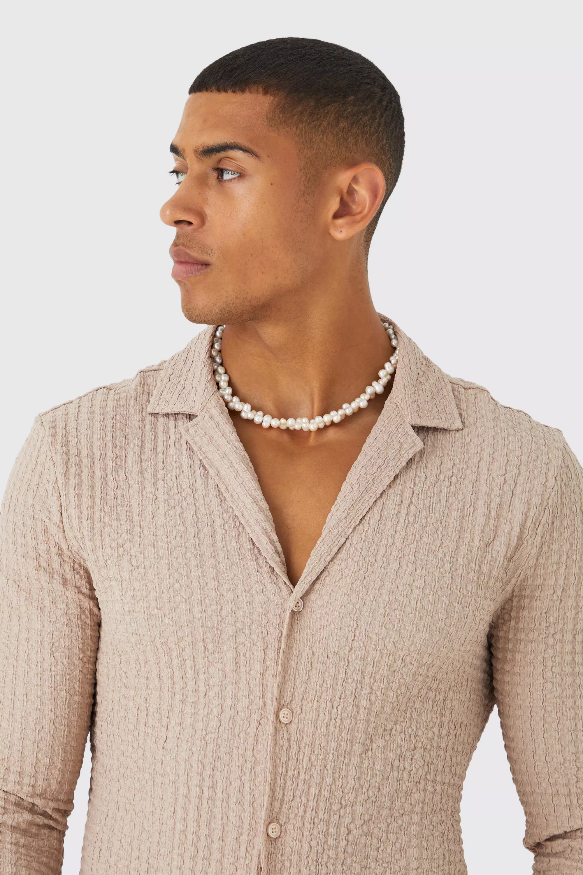 Long Sleeve Revere Knitted Crinkle Shirt