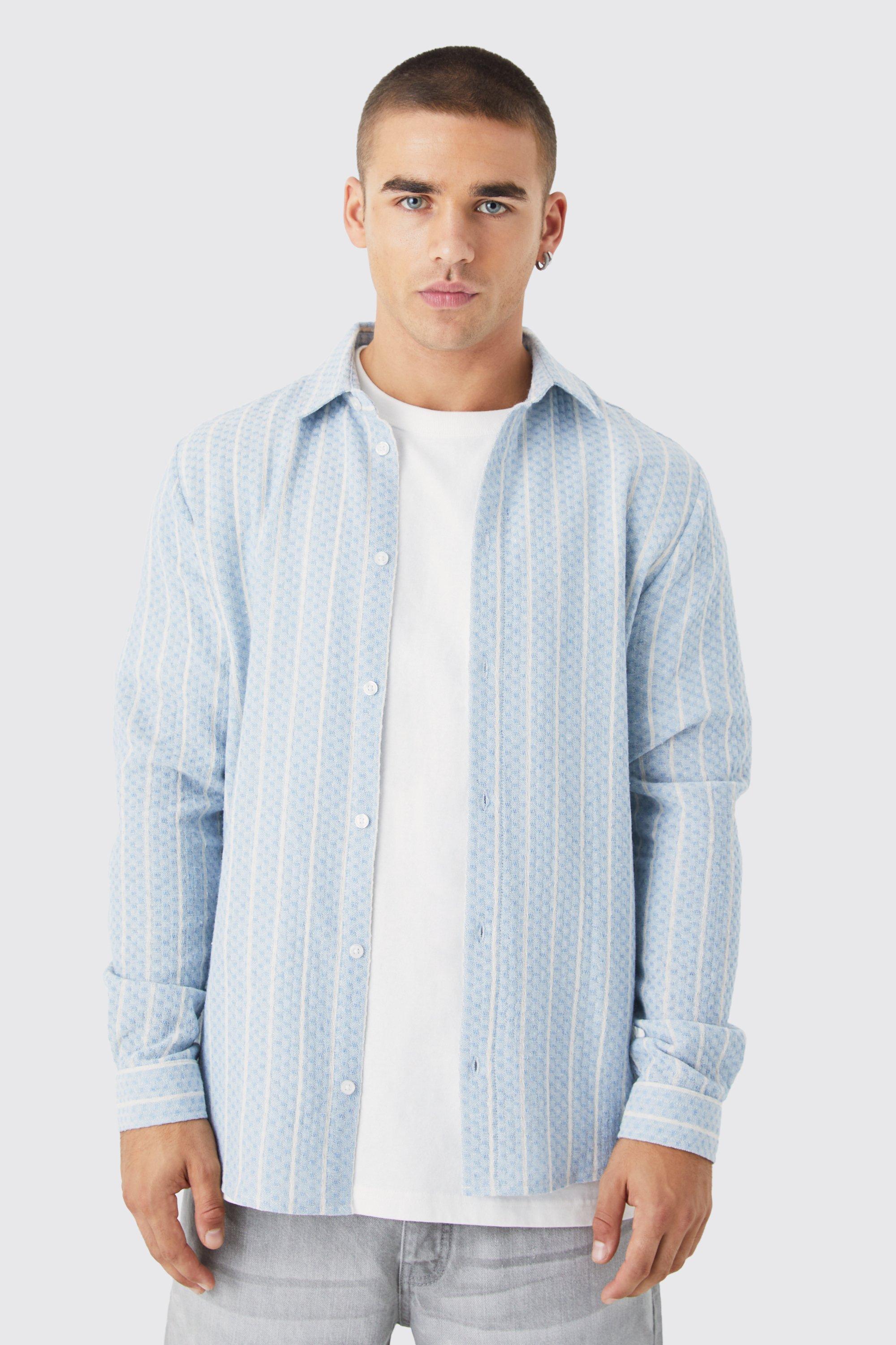 Mens Blue Long Sleeve Textured Stripe Shirt, Blue