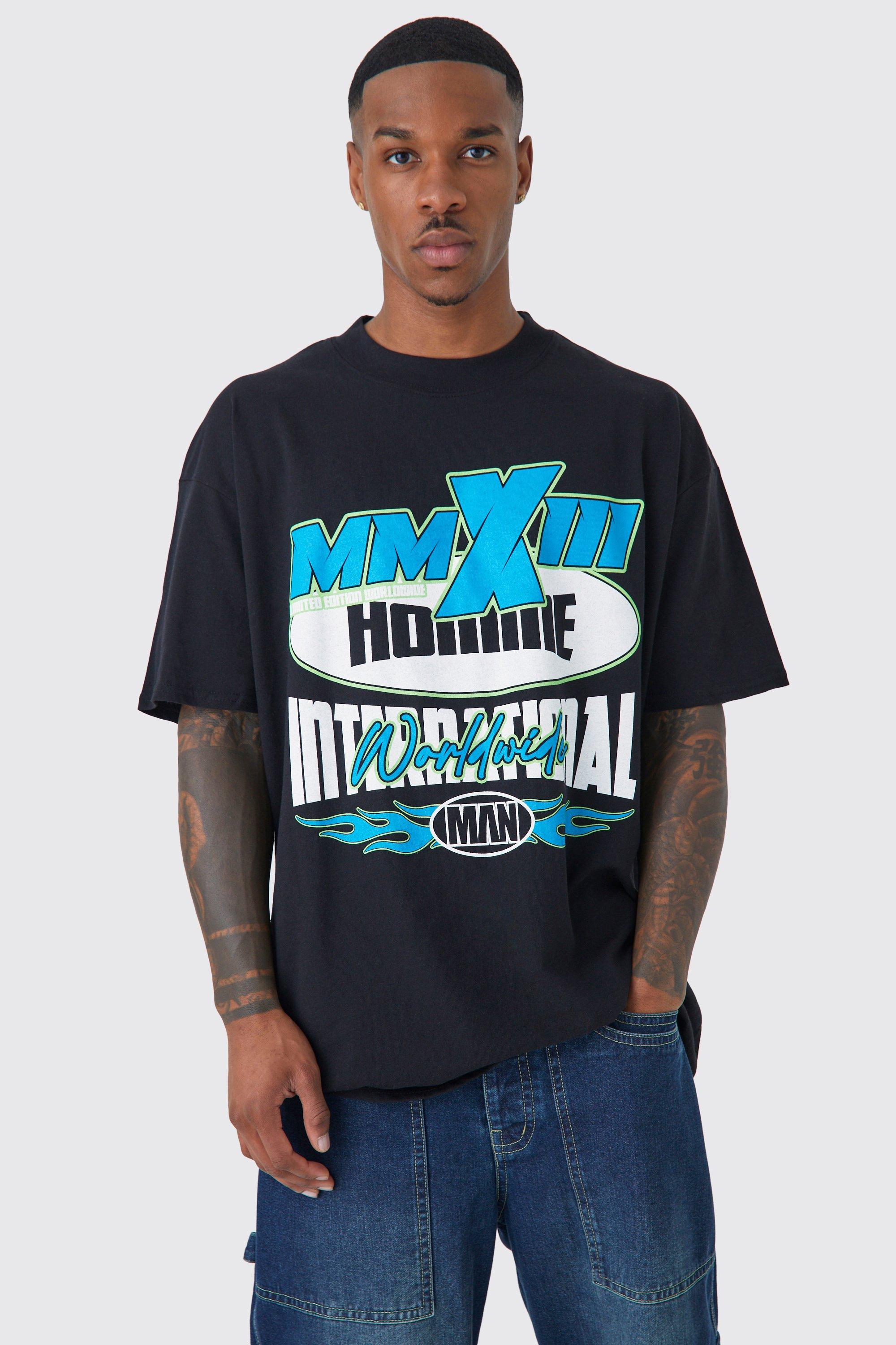 Mens Black Oversized Extended Neck Moto Print T-shirt, Black