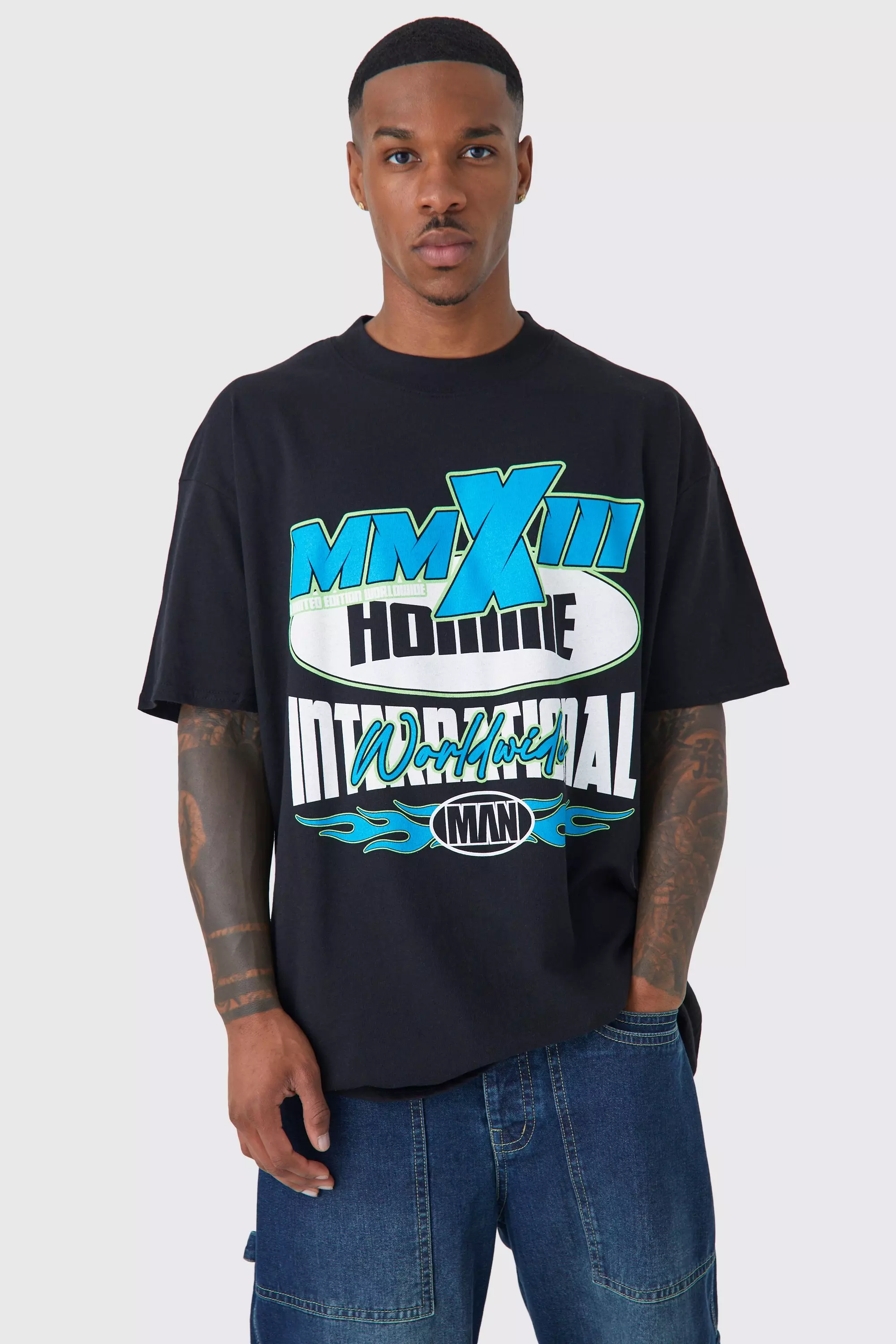 Oversized Extended Neck Moto Print T shirt