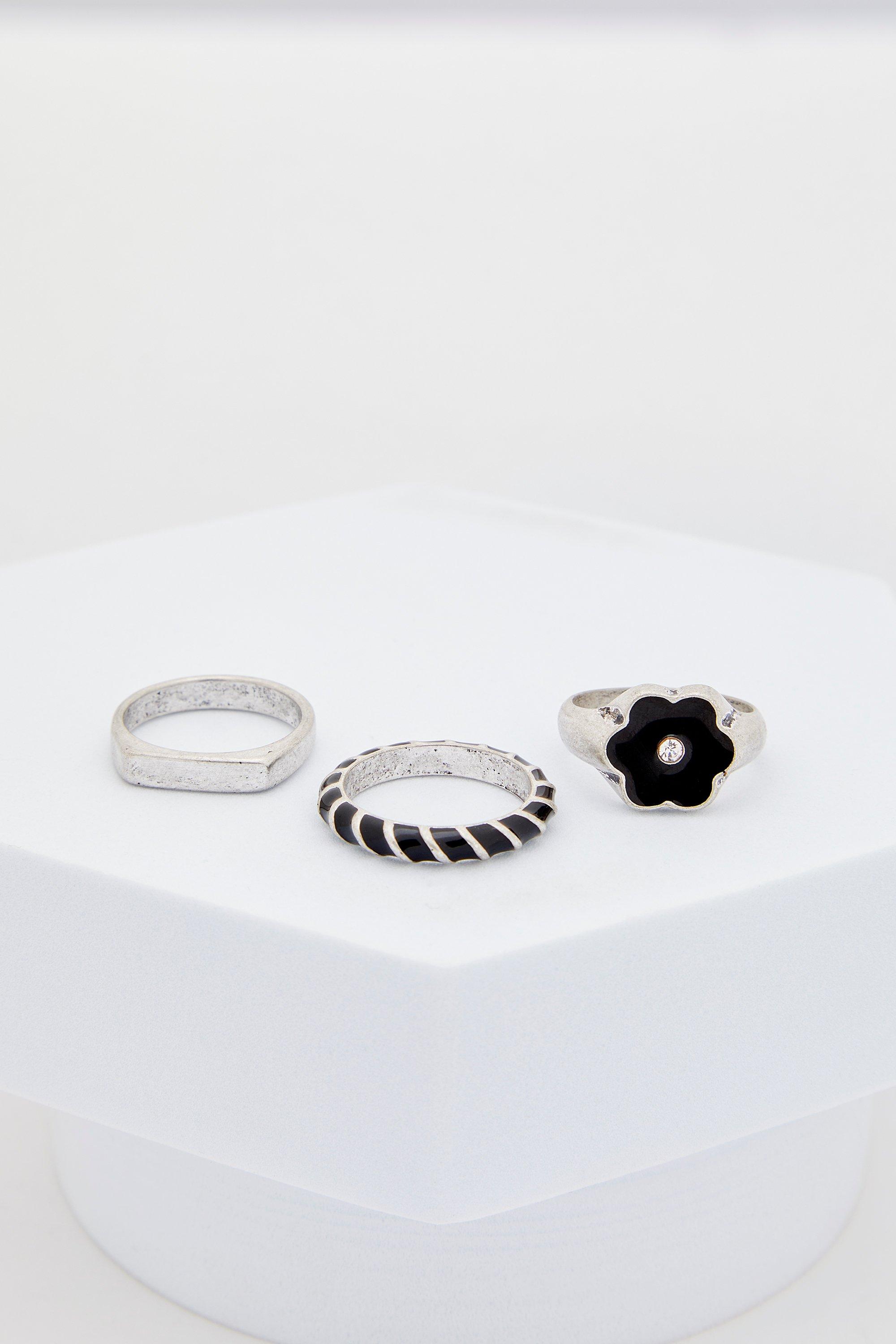 Mens Grey 3 Pack Flower Signet Rings, Grey