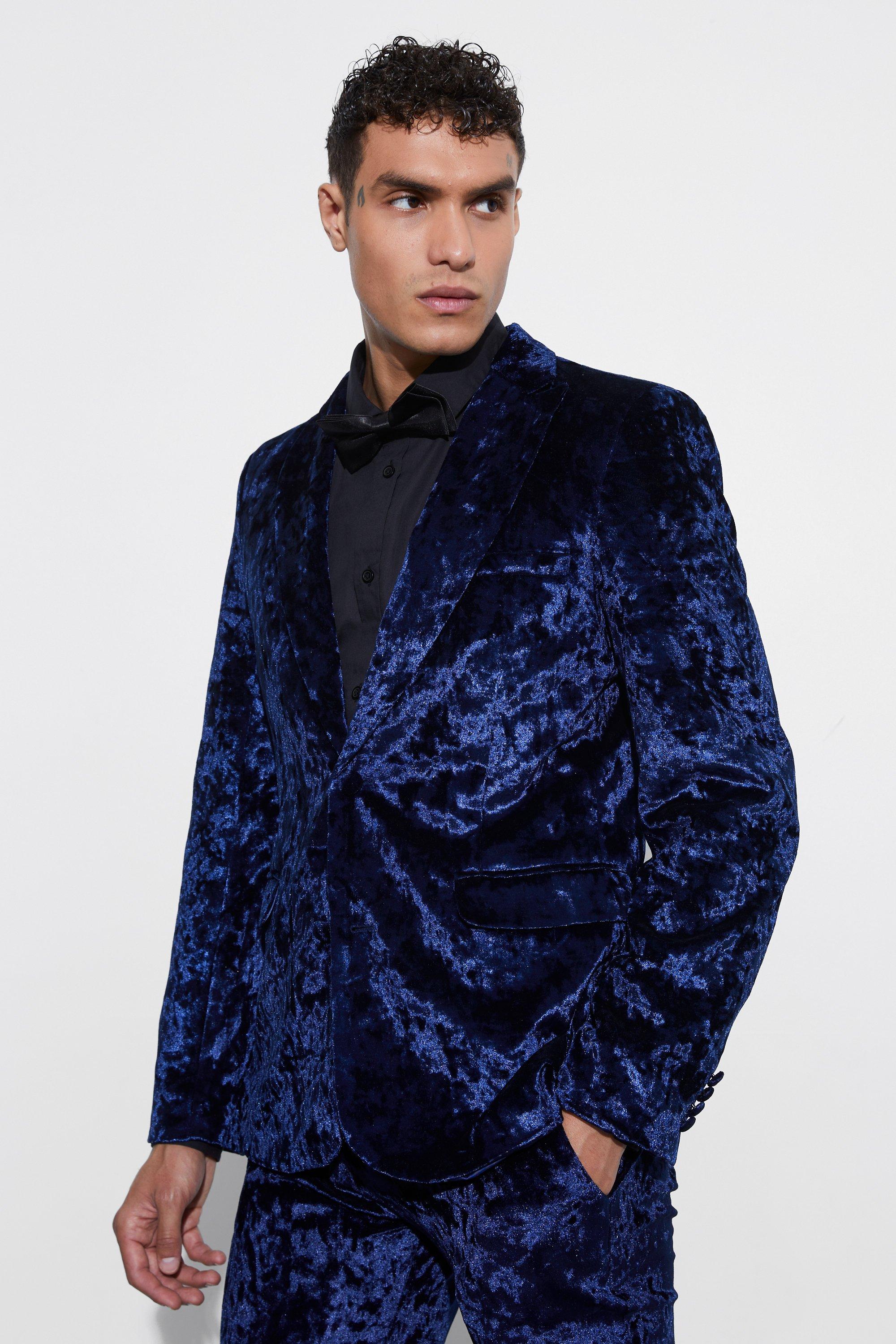 mens blue skinny fit crushed velvet blazer, blue